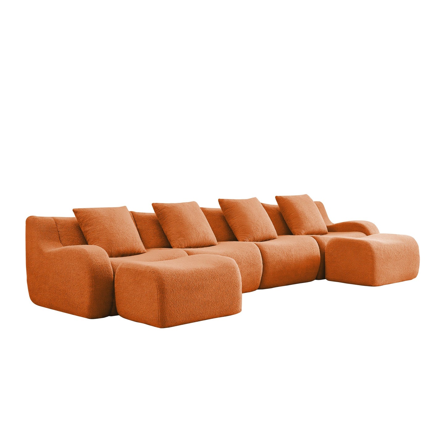 Orange teddy fleece boneless sofa, 4-seat with two ottomans layout, side view on a white background — Orange / 4-Seat + 2 Ottomans