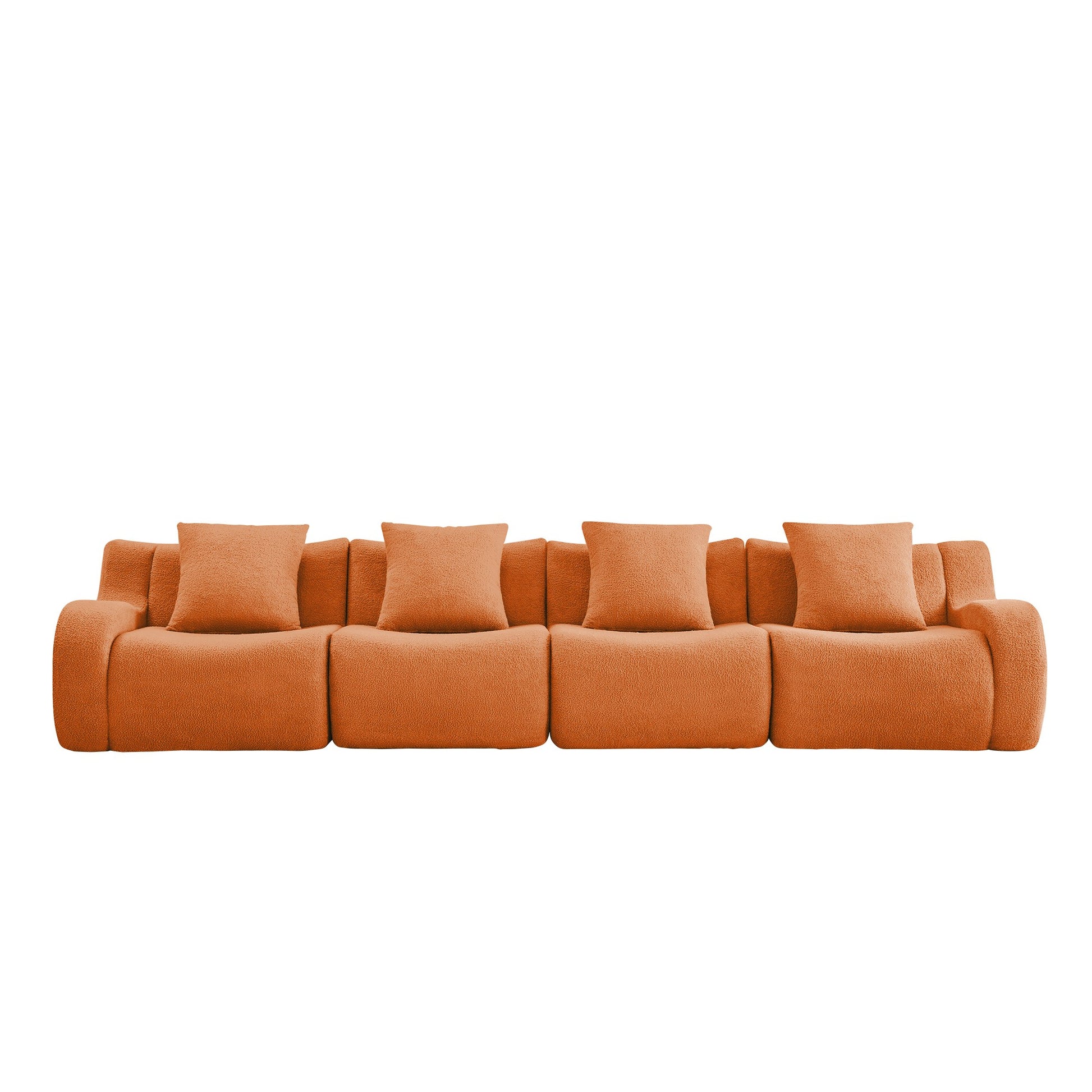 Orange teddy fleece boneless sofa, 4-seat layout, 45 degree view on a white background — Orange / 4-Seat