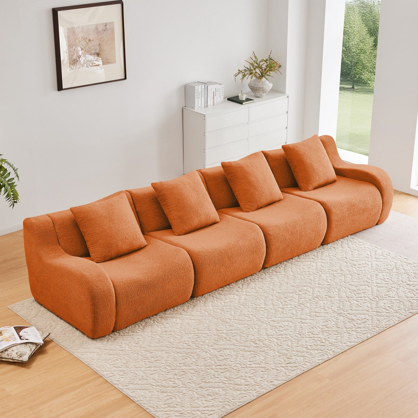 Orange teddy fleece boneless sofa, 4-seat layout, straight on view in a living room — Orange / 4-Seat