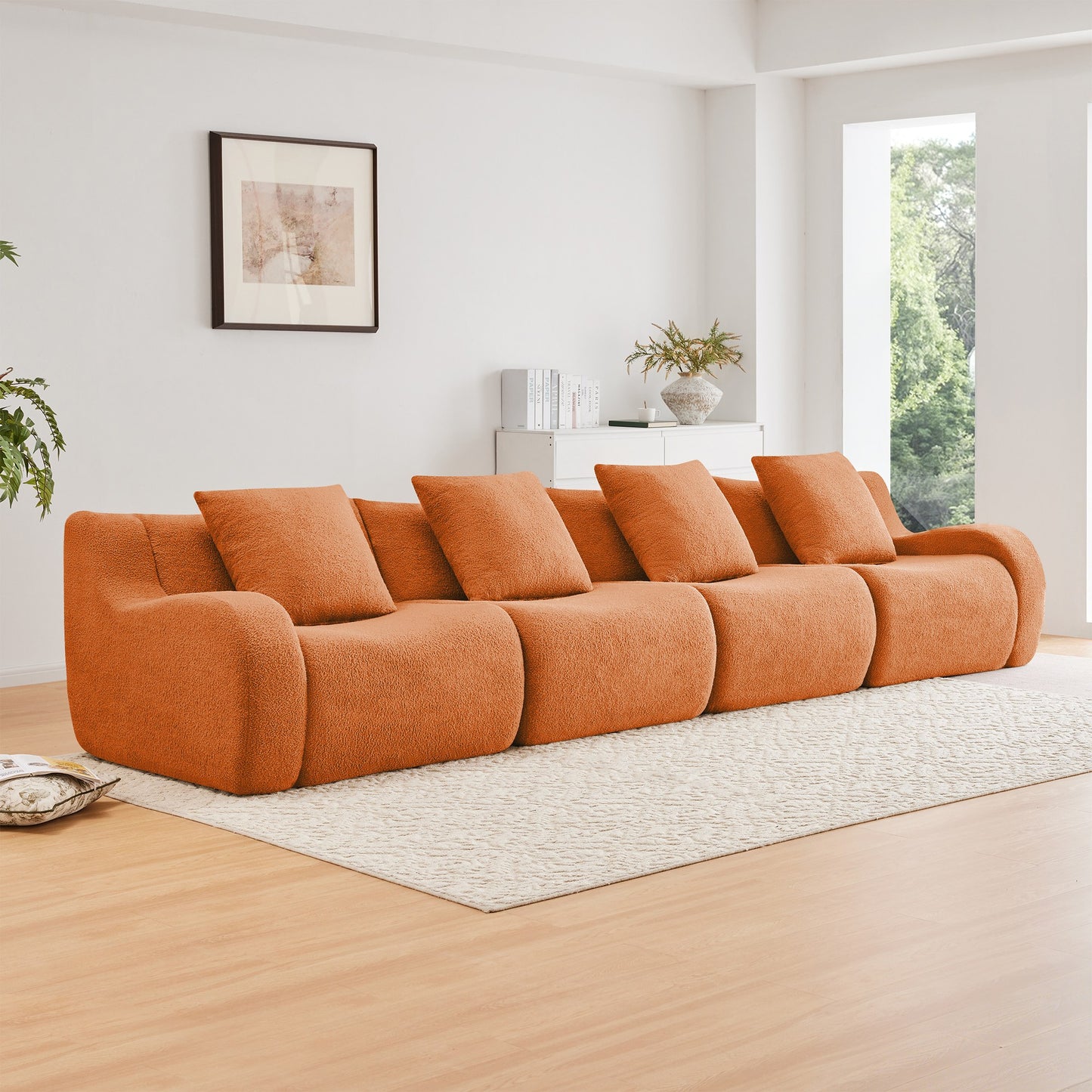 Orange teddy fleece boneless sofa, 4-seat layout, angled view in a bright living room — Orange / 4-Seat