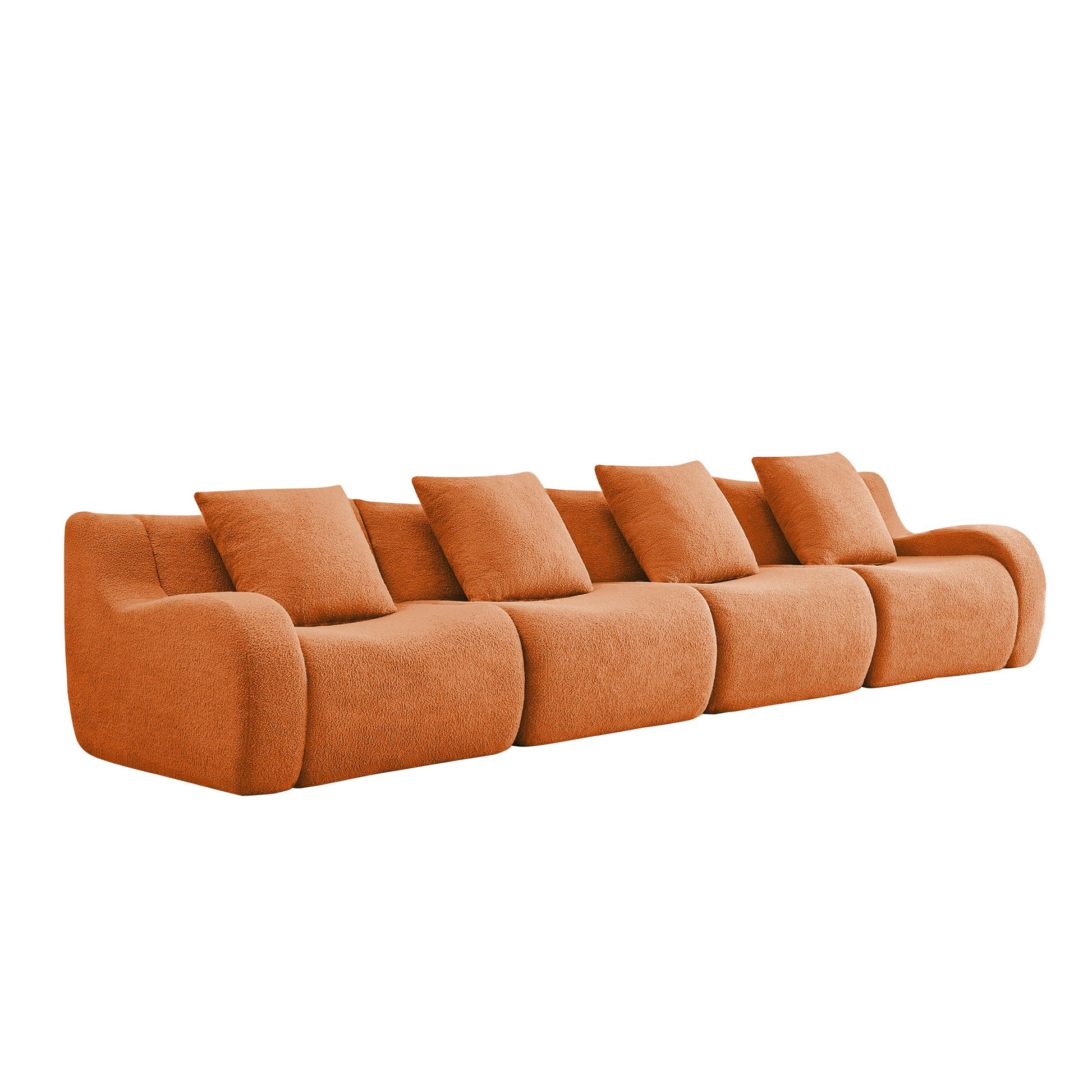 Orange teddy fleece boneless sofa, 4-seat layout, side view on a white background — Orange / 4-Seat