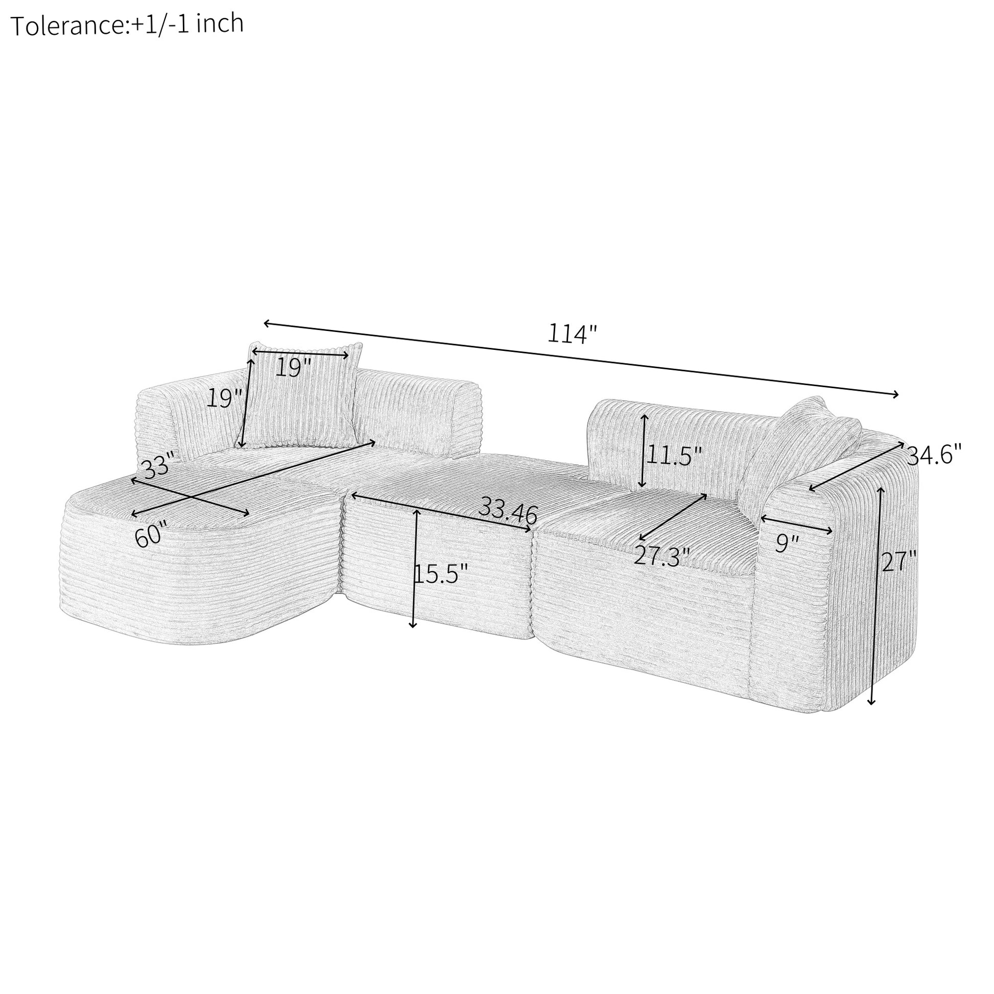 Corduroy Compression Sofa — 3-Seat — dimensions
