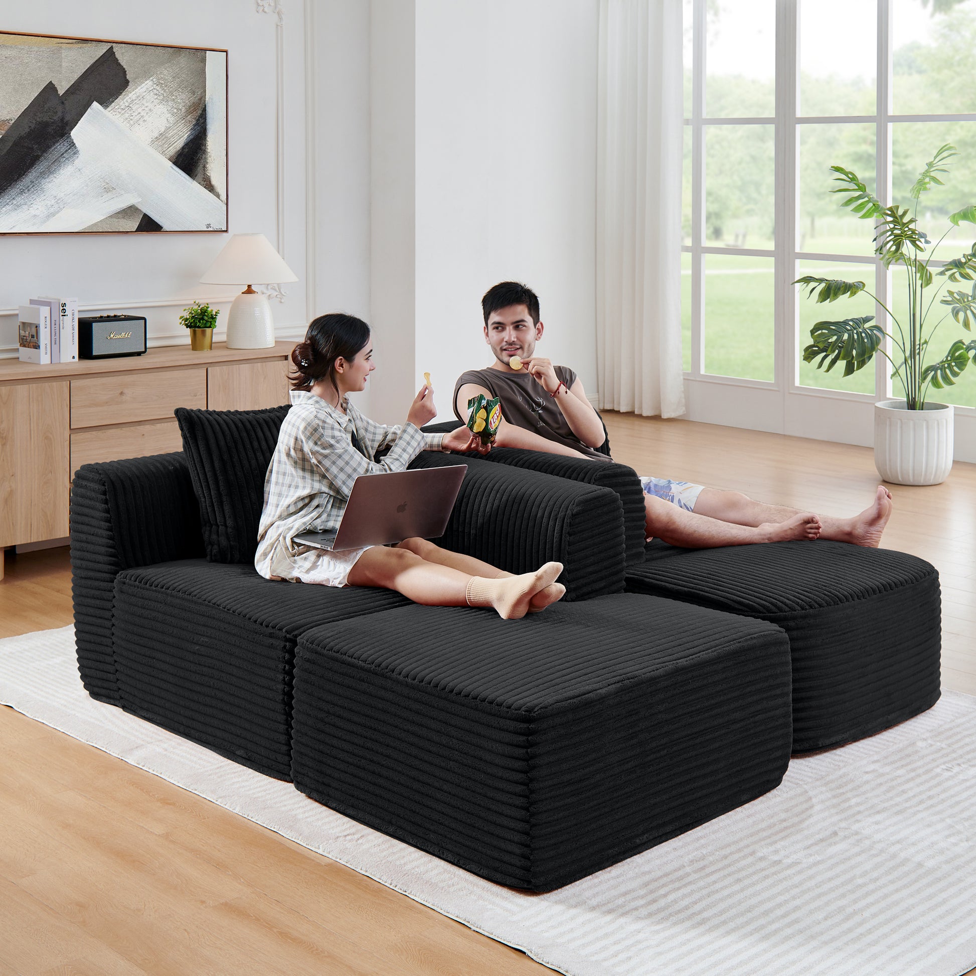 Corduroy Compression Sofa — 3-Seat — Black