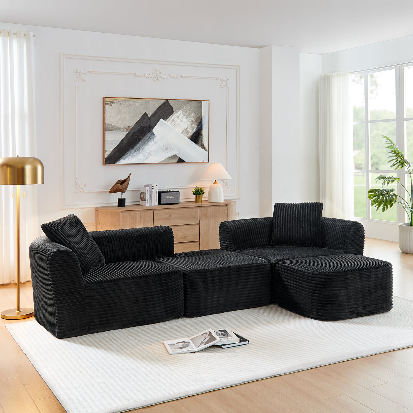 Corduroy Compression Sofa — 3-Seat — Black