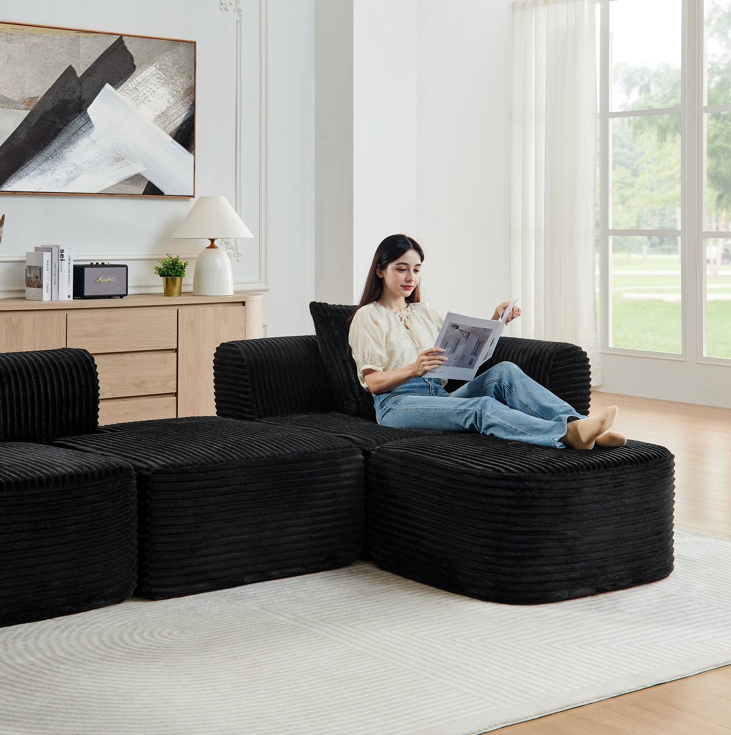 Corduroy Compression Sofa — 3-Seat — Black