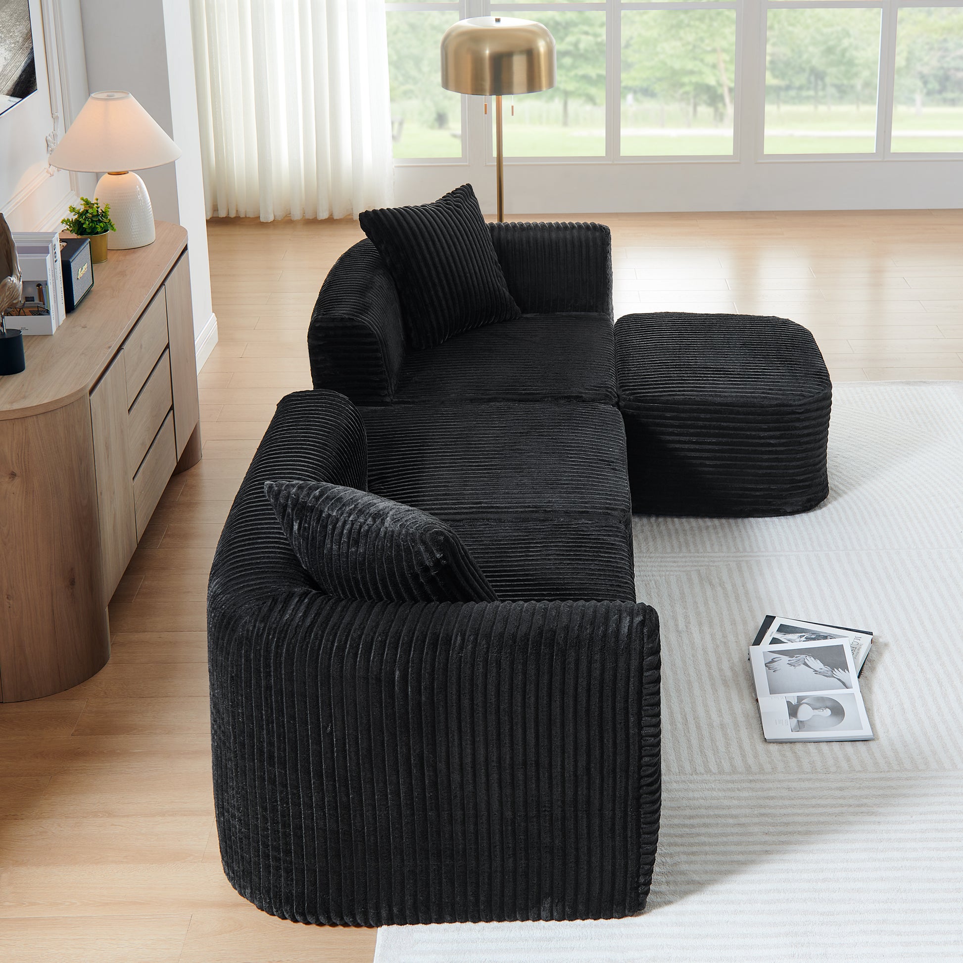 Corduroy Compression Sofa — 3-Seat — Black