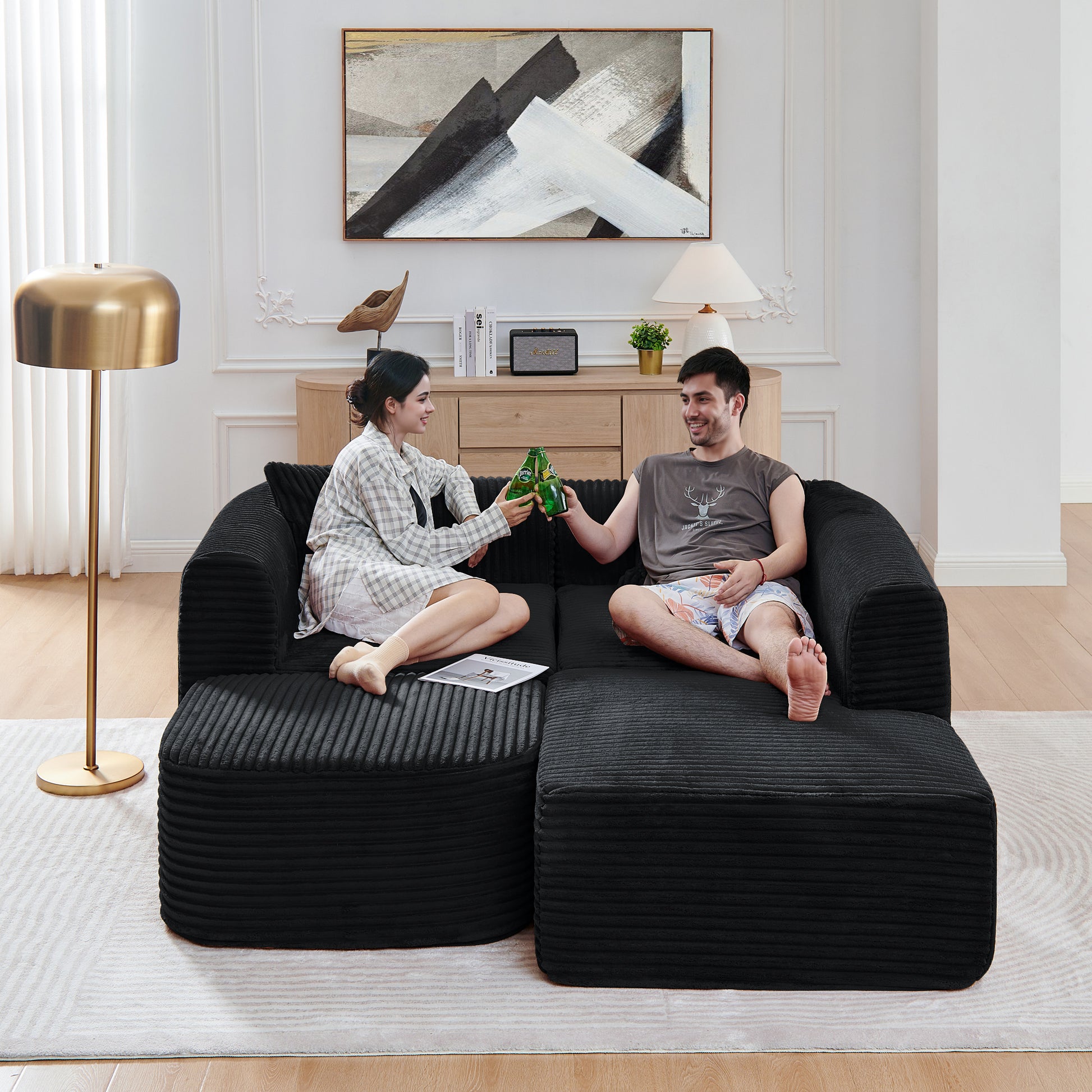 Corduroy Compression Sofa — 3-Seat — Black