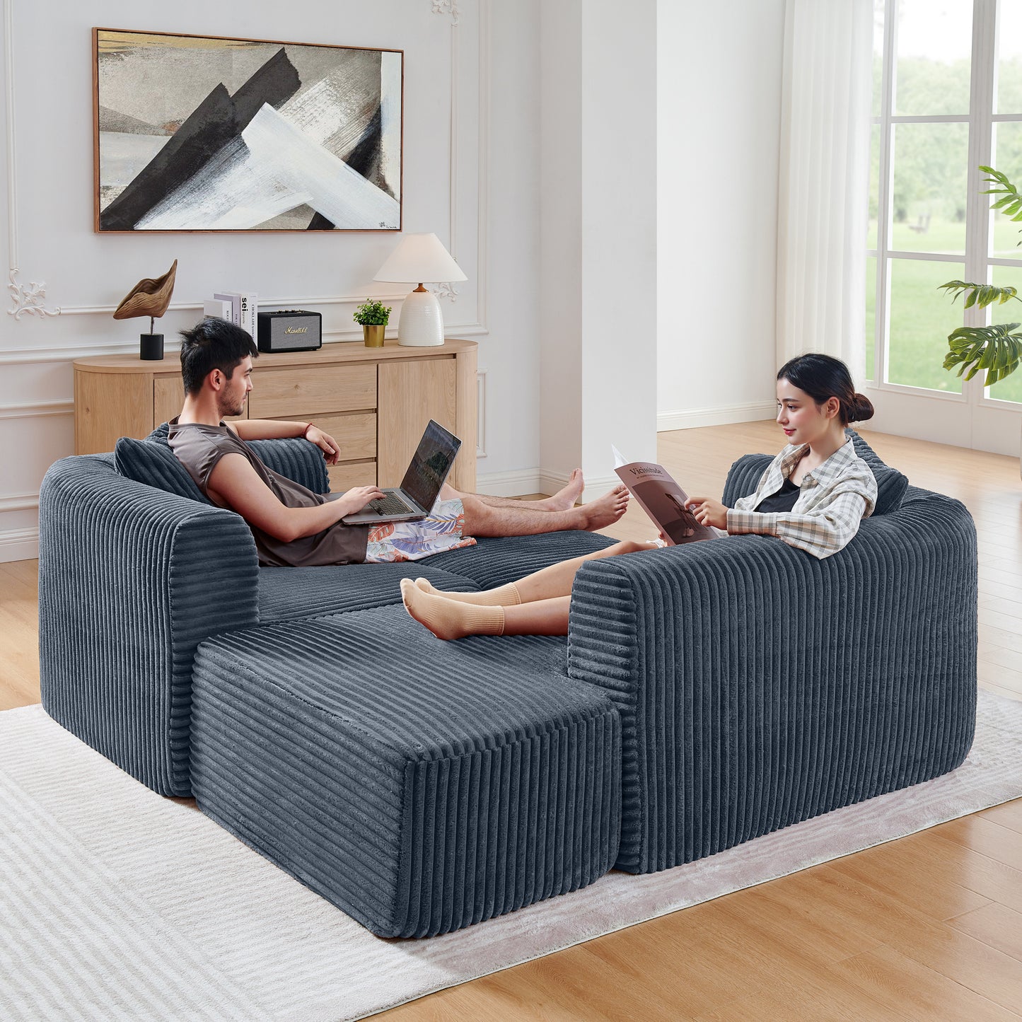 Corduroy Compression Sofa — 3-Seat — Grey