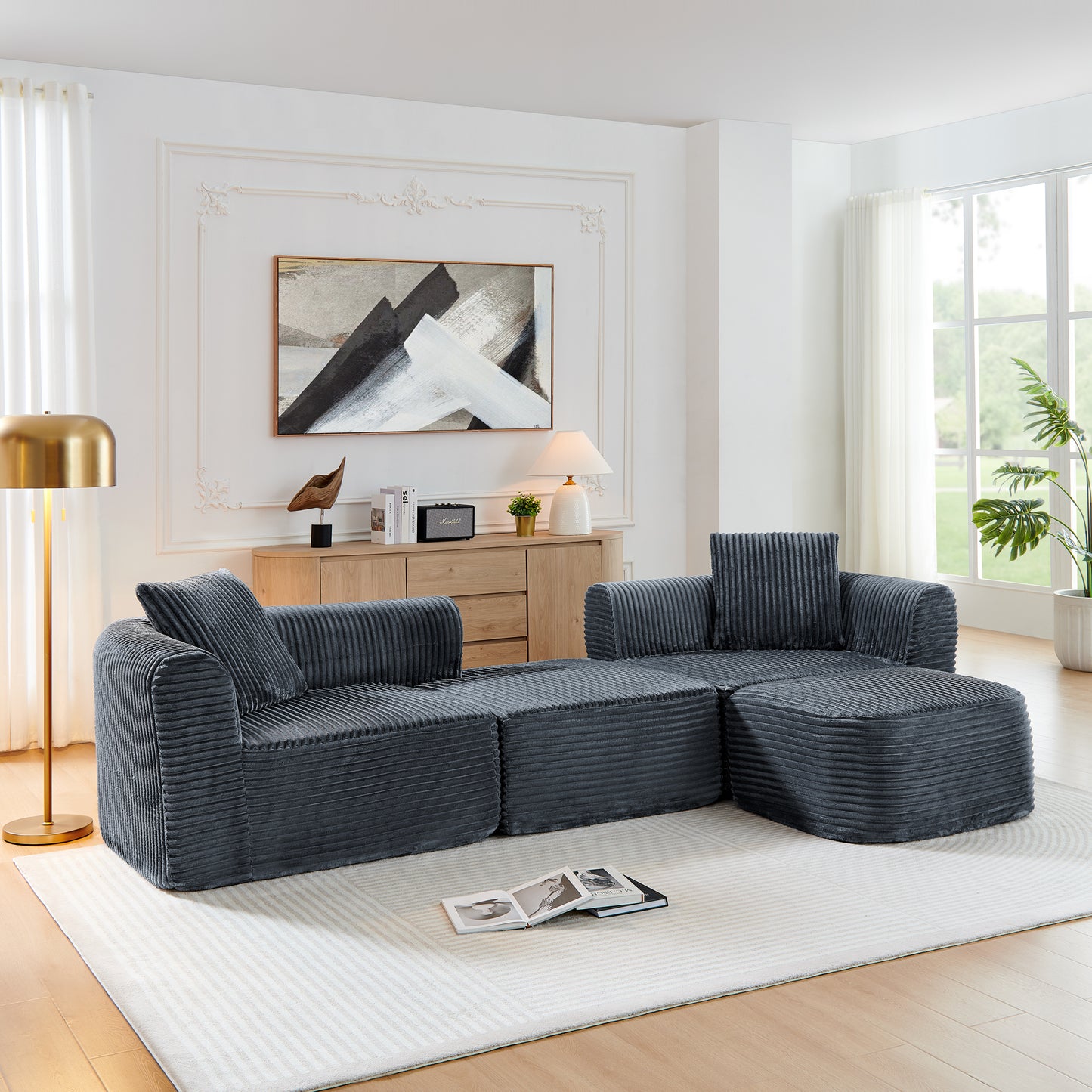 Corduroy Compression Sofa — 3-Seat — Grey