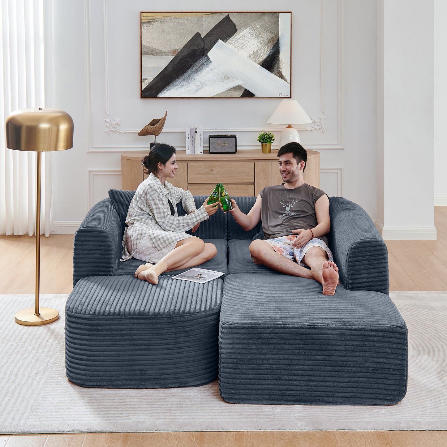 Corduroy Compression Sofa — 3-Seat — Grey