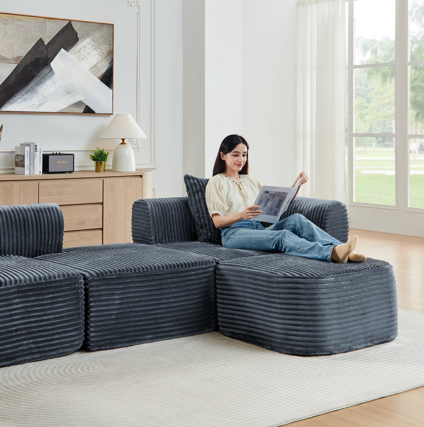 Corduroy Compression Sofa — 3-Seat — Grey
