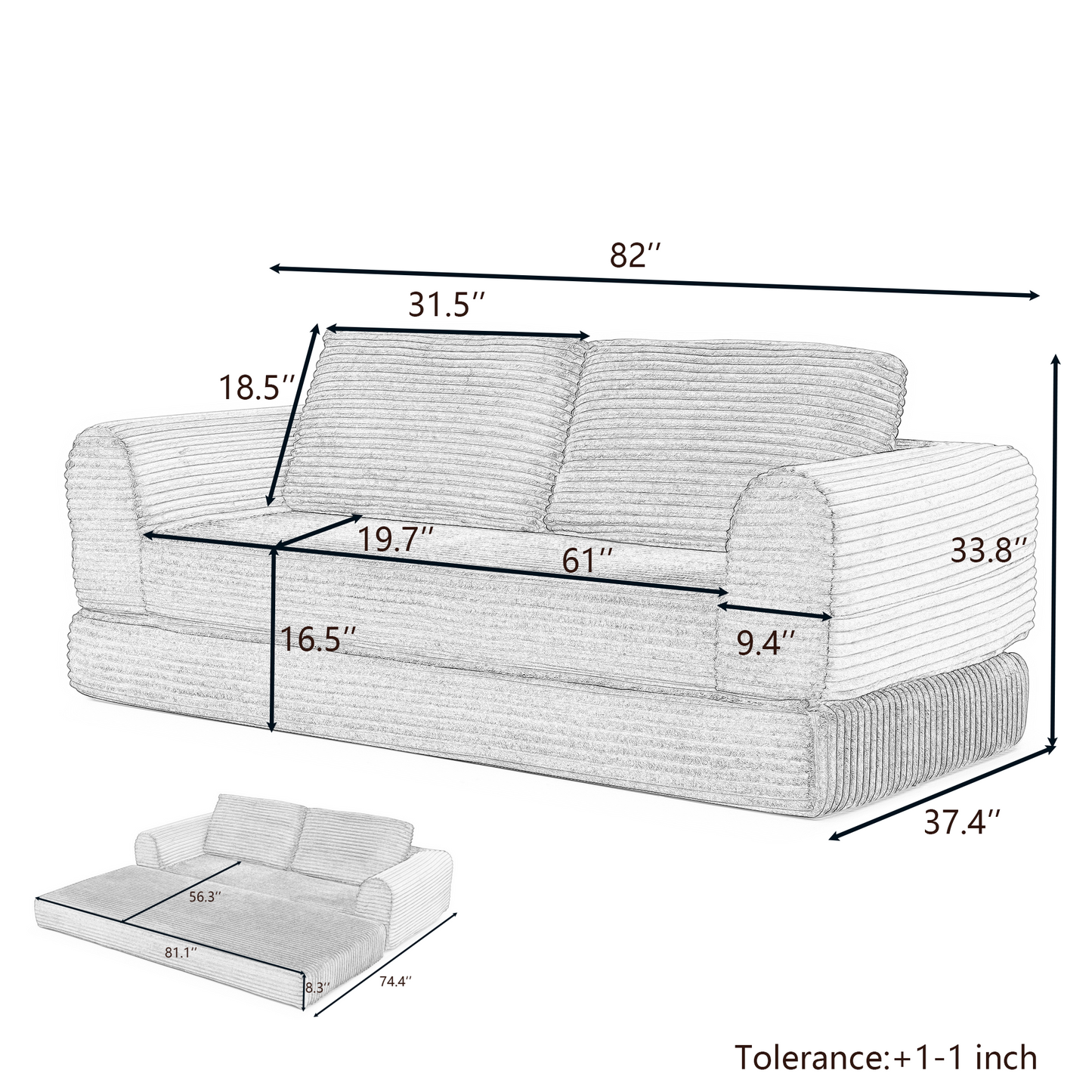 Corduroy Compression Sofa — 2/3/5-Seat — 3-Seat