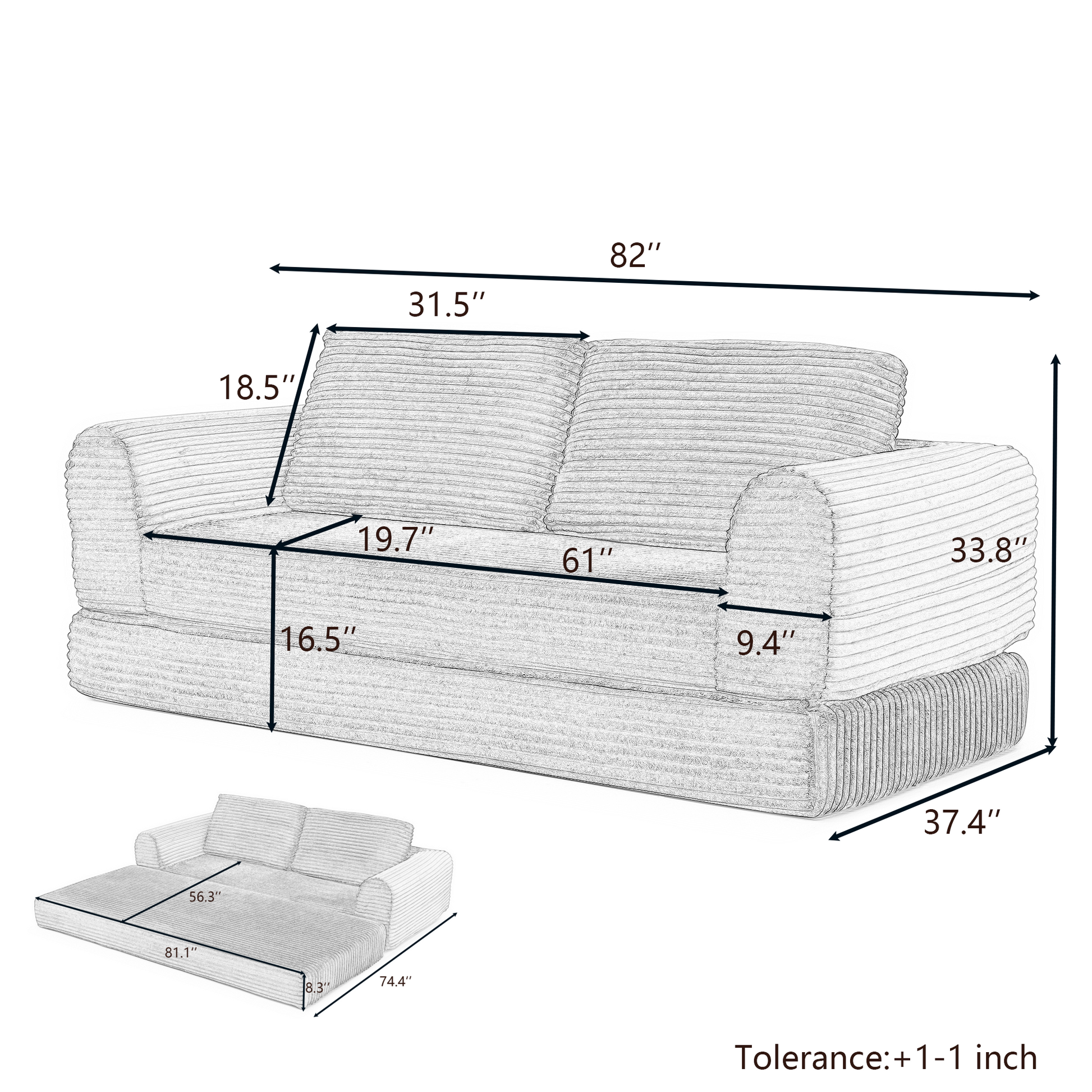 Corduroy Compression Sofa — 2/3/5-Seat — 3-Seat