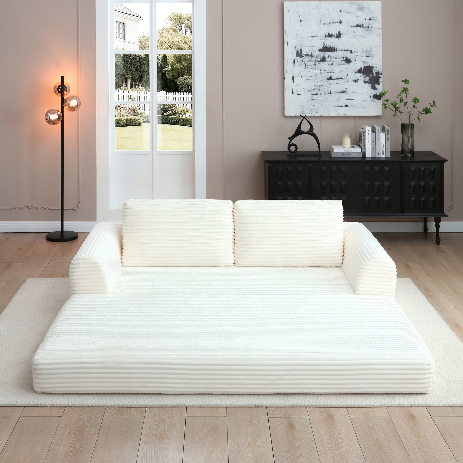 Corduroy Compression Sofa — 2/3/5-Seat — Beige / 3-Seat
