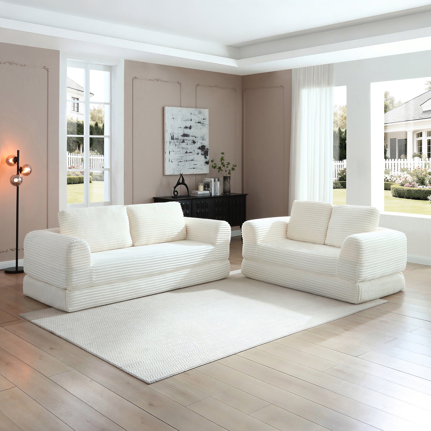 Corduroy Compression Sofa — 2/3/5-Seat — Beige / 5-Seat