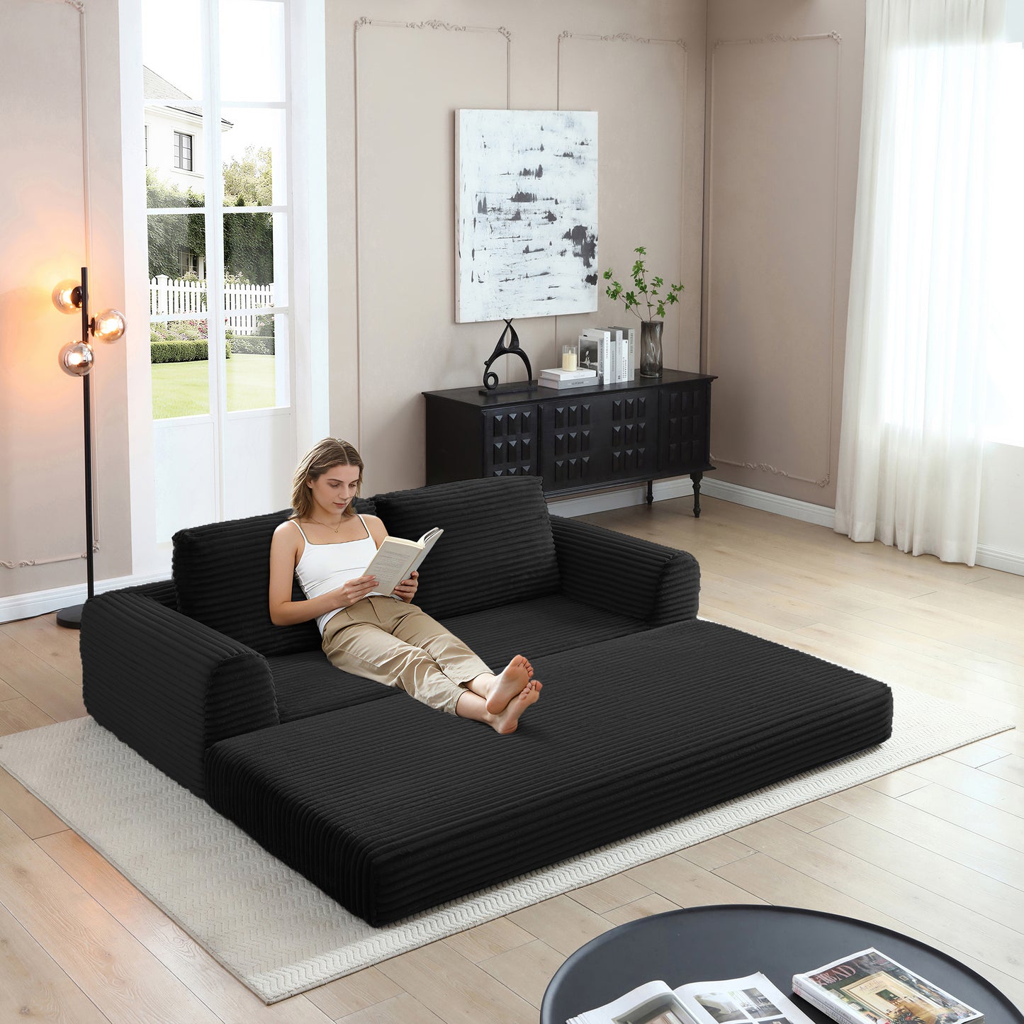 Corduroy Compression Sofa — 2/3/5-Seat — Black / 3-Seat