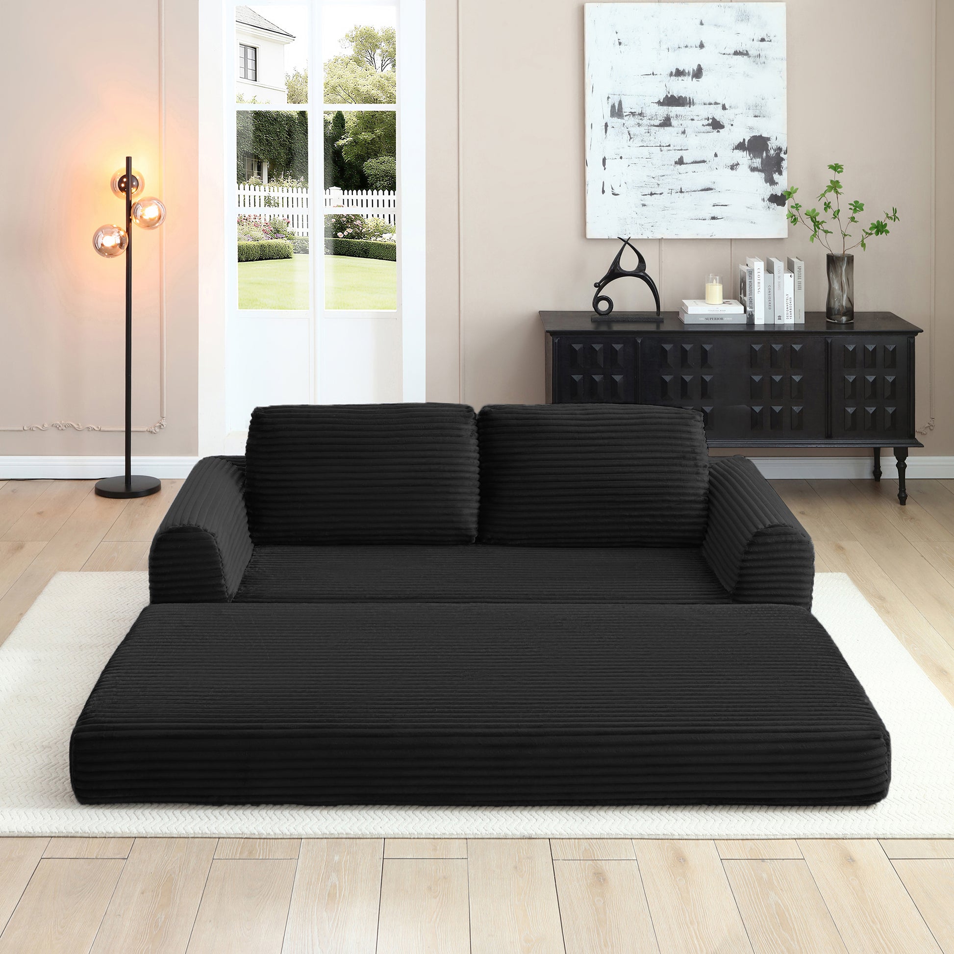 Corduroy Compression Sofa — 2/3/5-Seat — Black / 3-Seat
