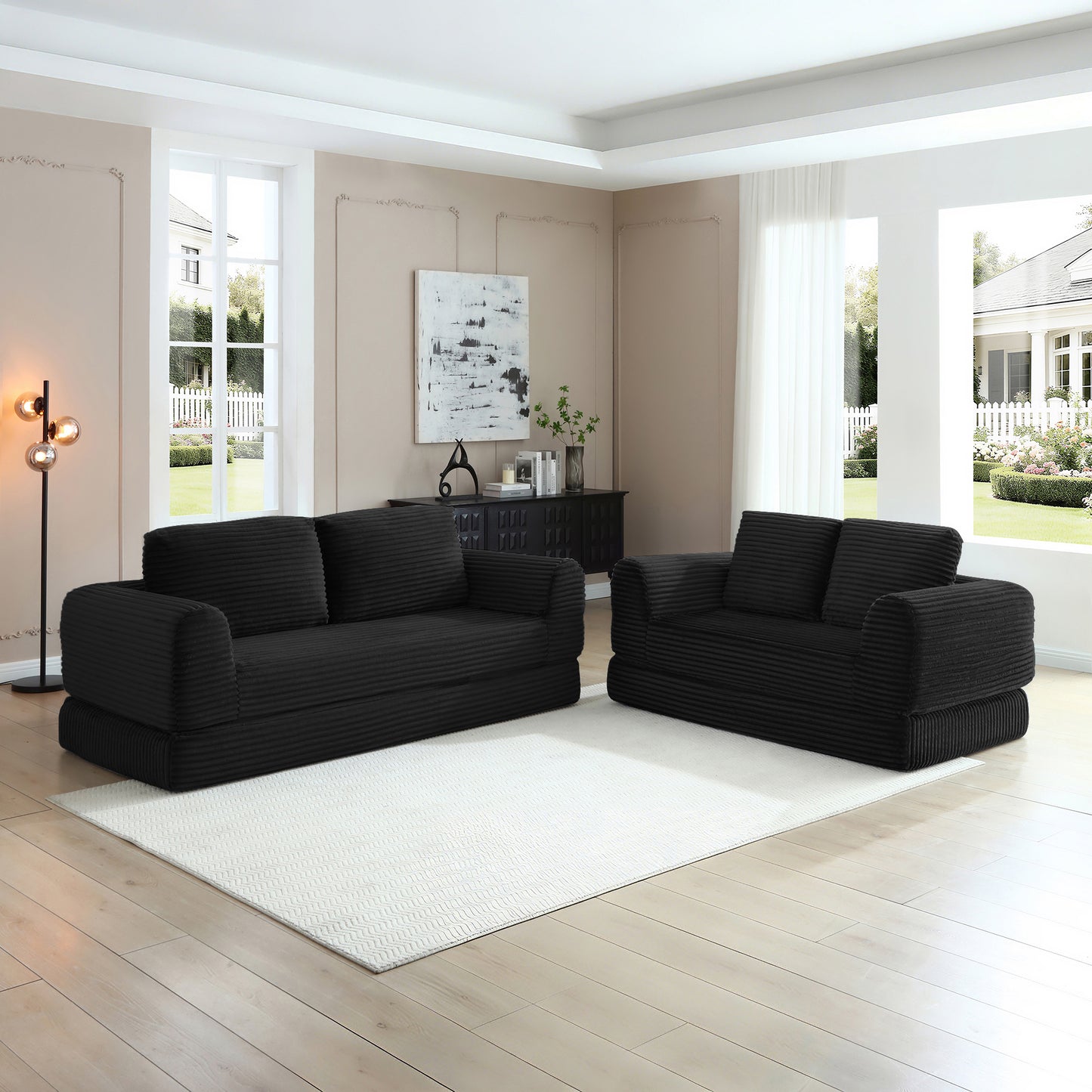 Corduroy Compression Sofa — 2/3/5-Seat — Black / 5-Seat