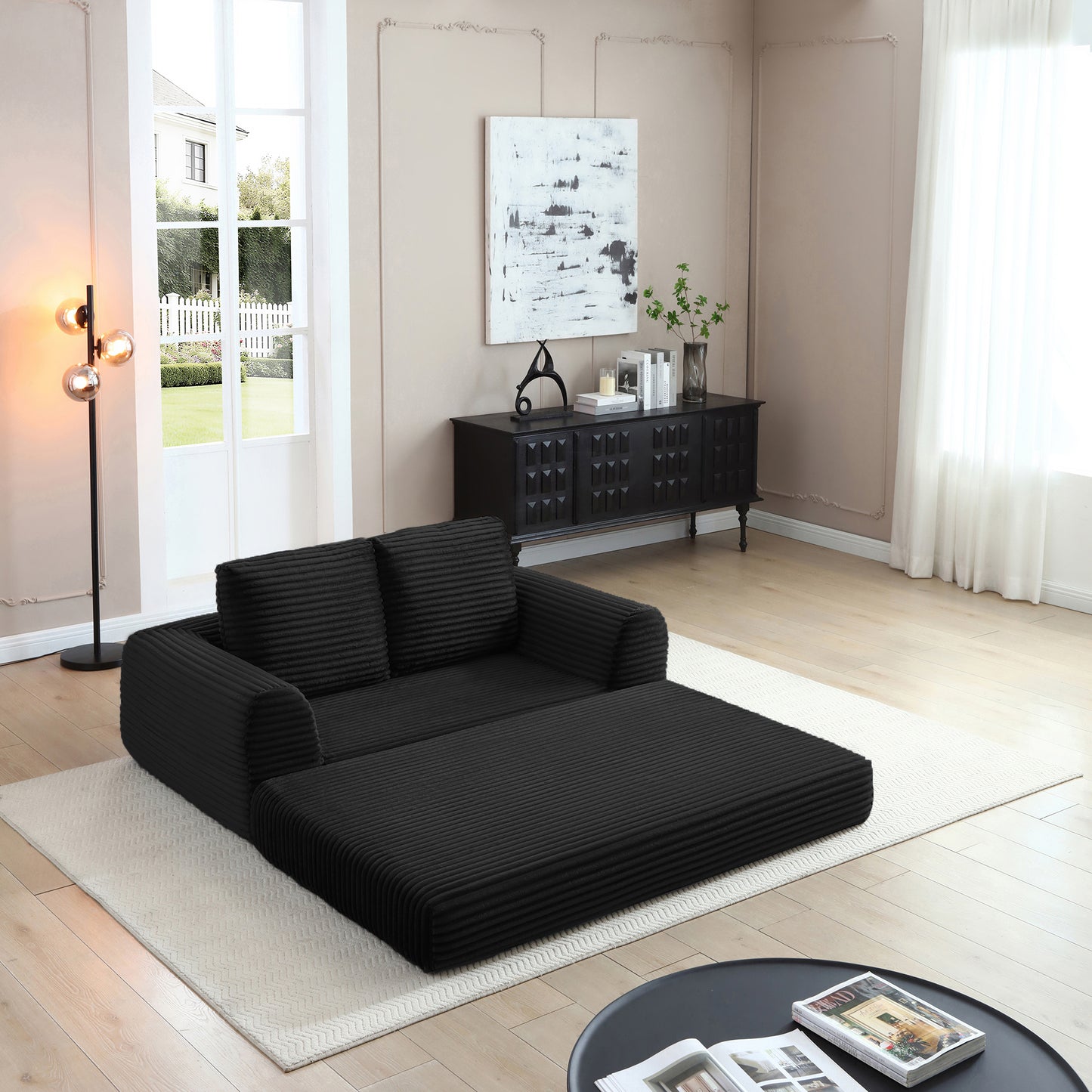 Corduroy Compression Sofa — 2/3/5-Seat — Black / 5-Seat
