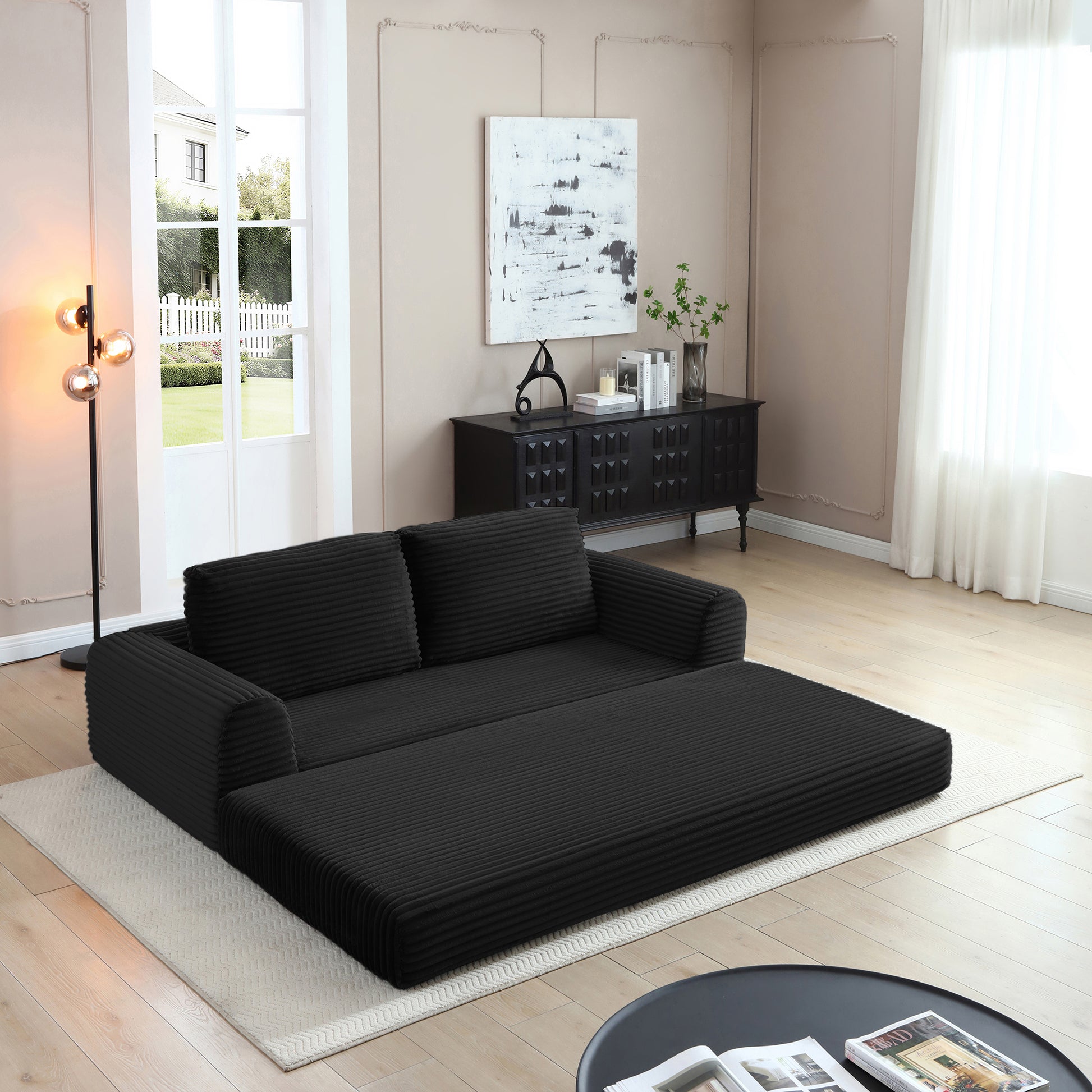 Corduroy Compression Sofa — 2/3/5-Seat — Black / 5-Seat