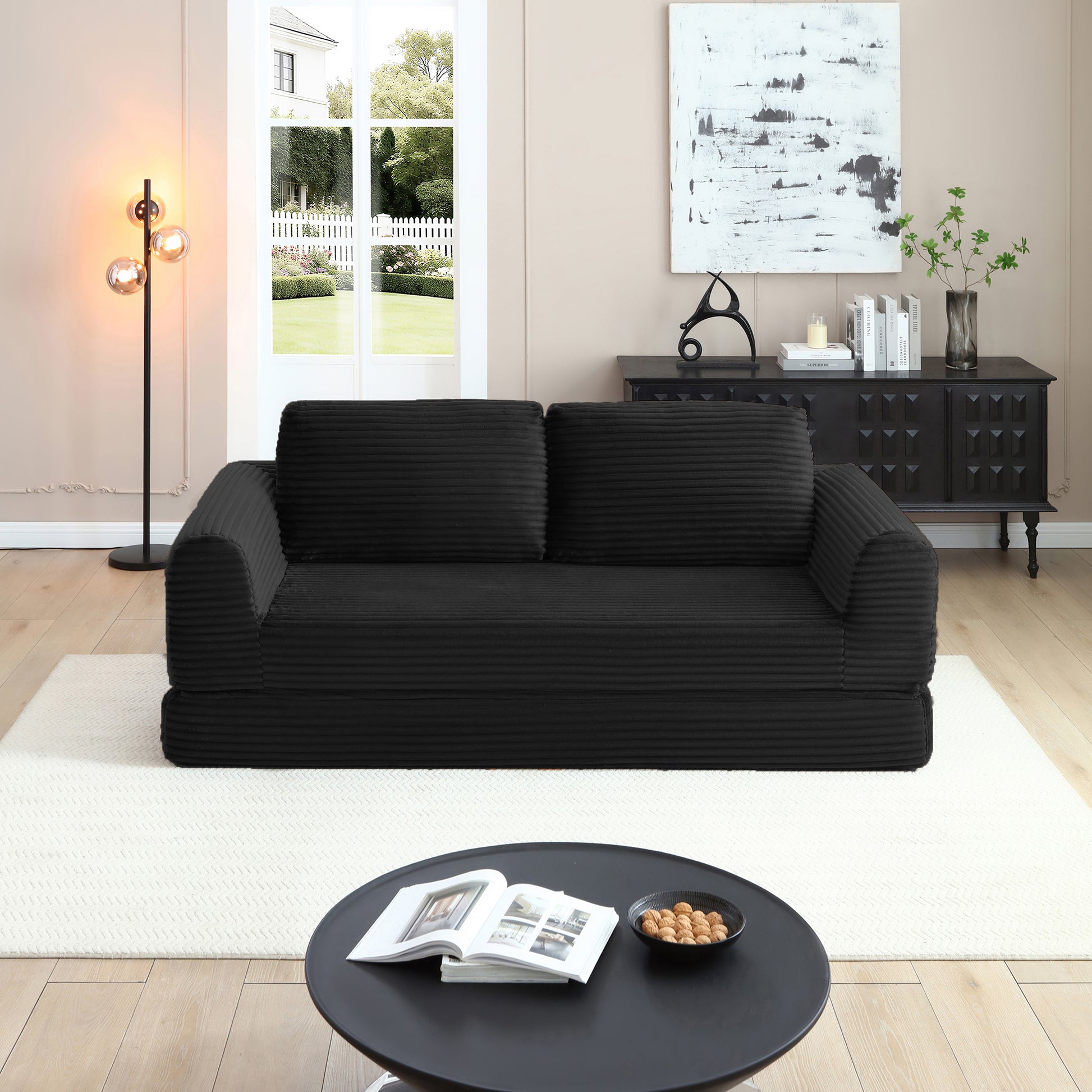 Corduroy Compression Sofa — 2/3/5-Seat — Black / 5-Seat