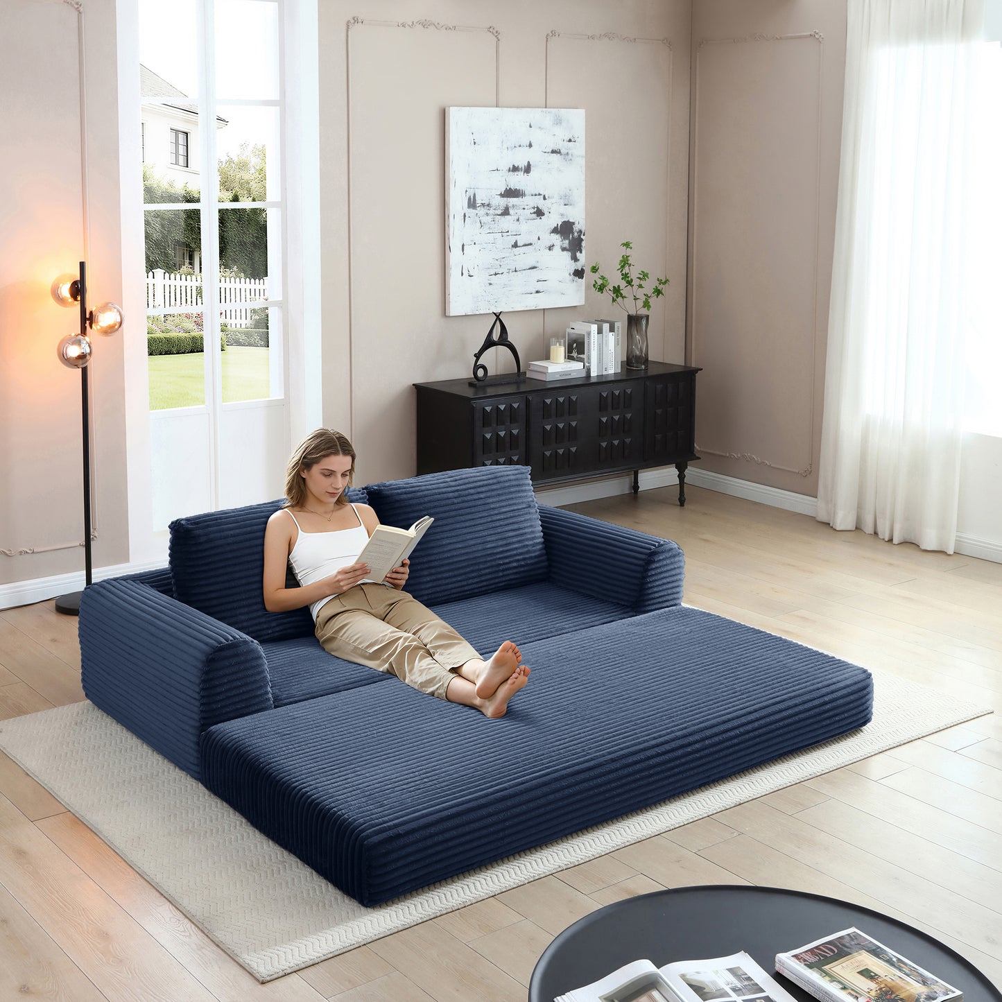 Corduroy Compression Sofa — 2/3/5-Seat — Blue / 3-Seat