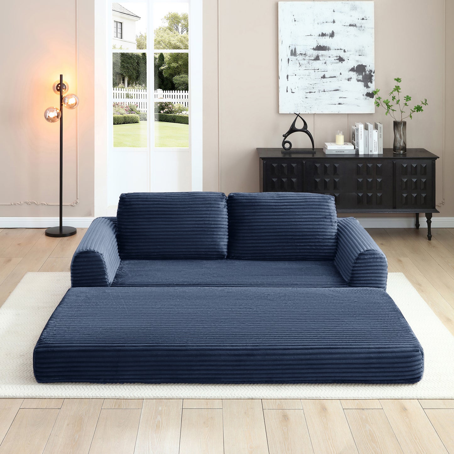 Corduroy Compression Sofa — 2/3/5-Seat — Blue / 3-Seat