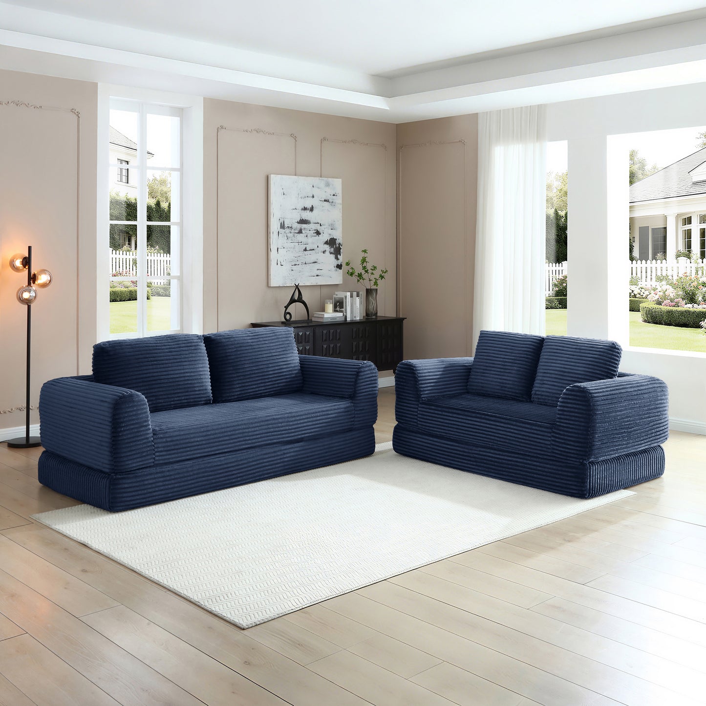 Corduroy Compression Sofa — 2/3/5-Seat — Blue / 5-Seat