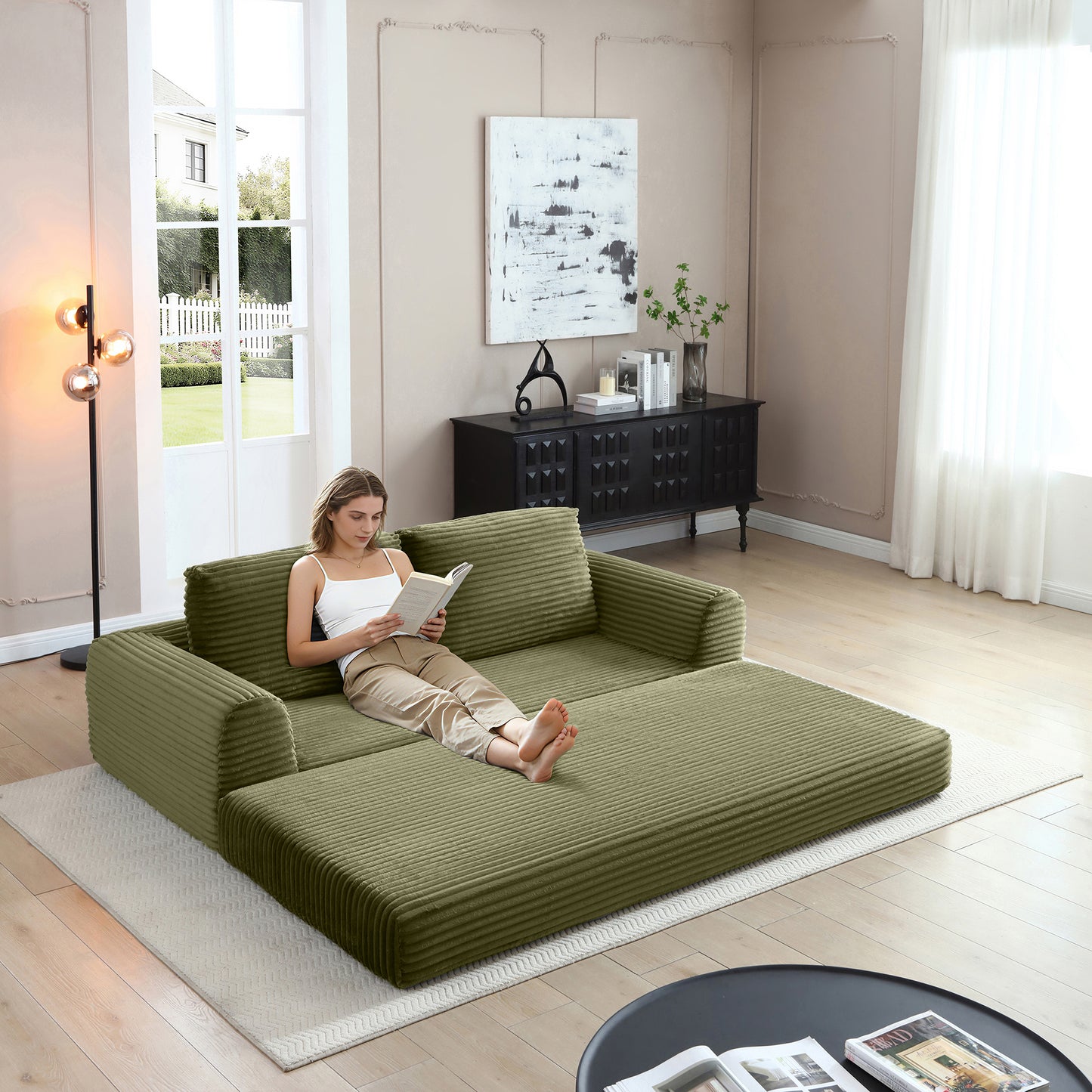 Corduroy Compression Sofa — 2/3/5-Seat — Green / 3-Seat