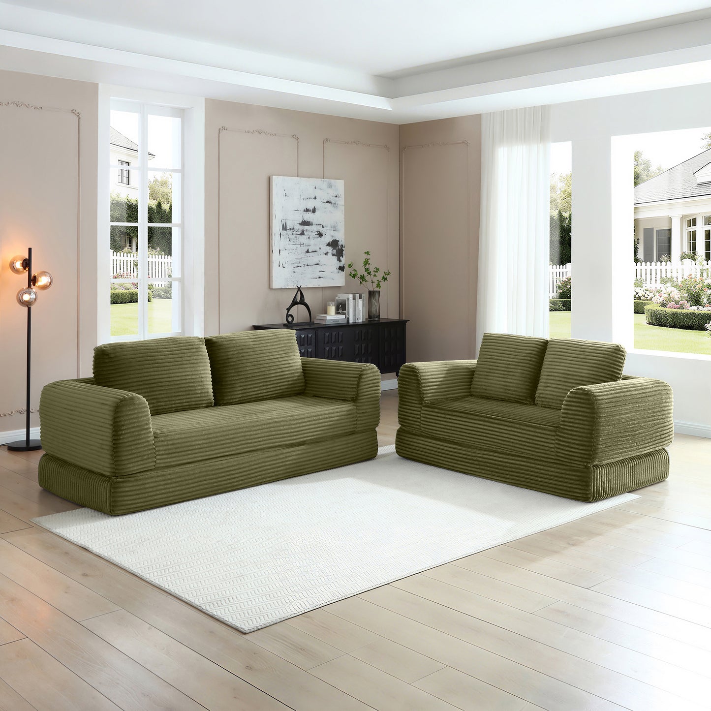 Corduroy Compression Sofa — 2/3/5-Seat — Green / 5-Seat