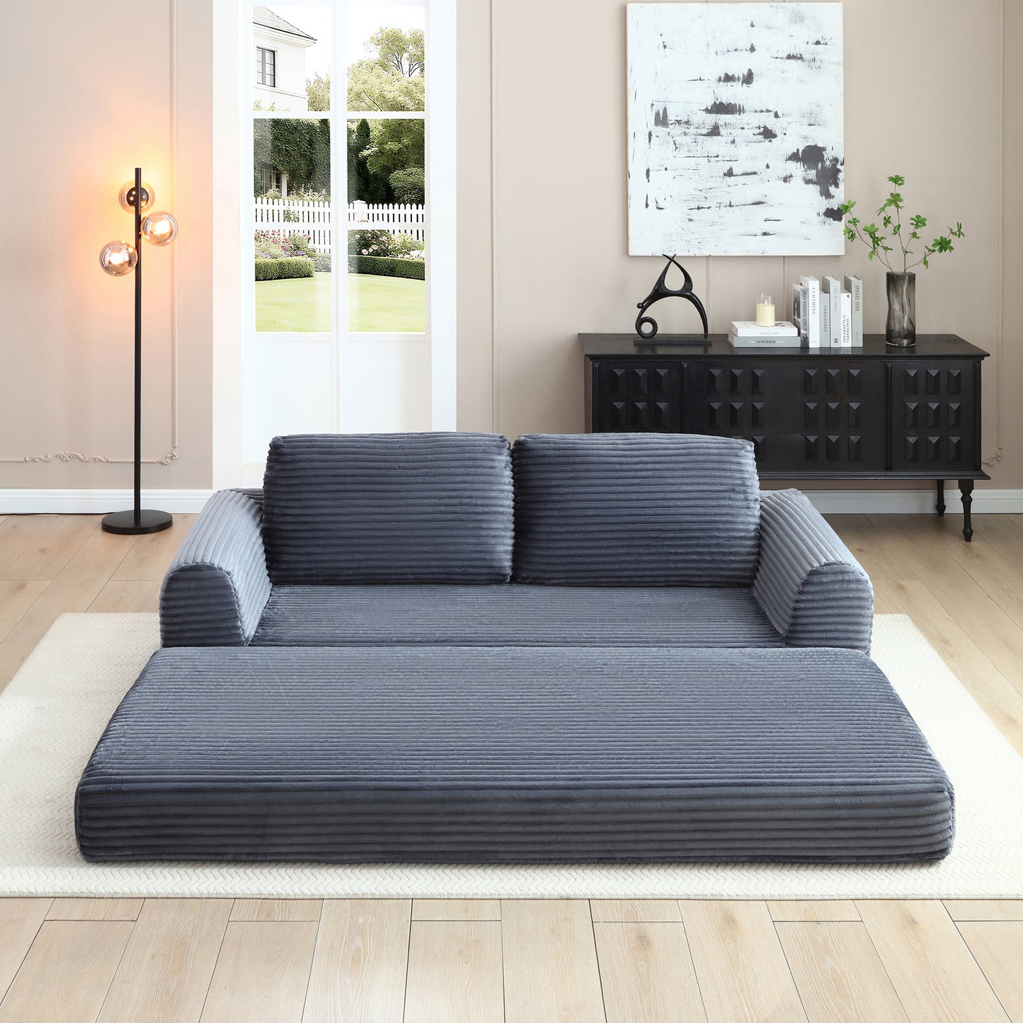 Corduroy Compression Sofa — 2/3/5-Seat — Grey / 3-Seat