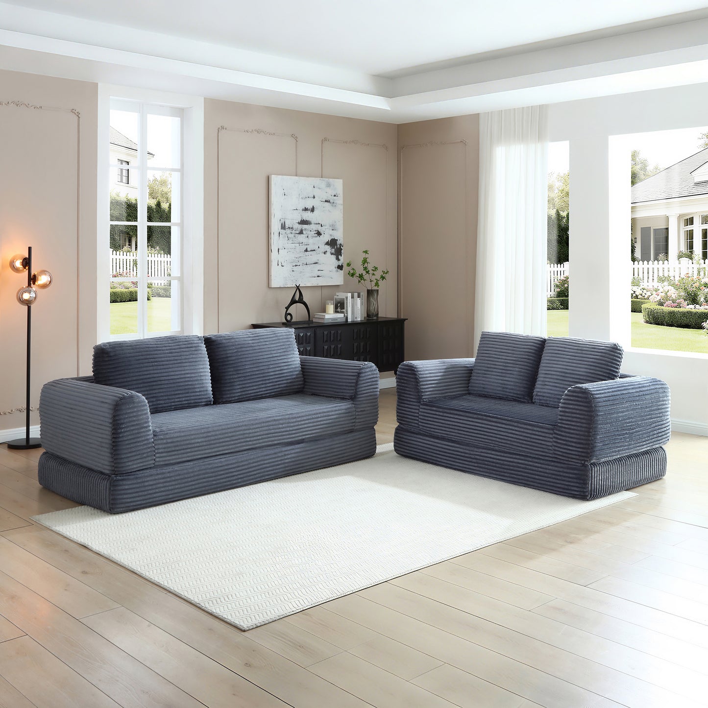 Corduroy Compression Sofa — 2/3/5-Seat — Grey / 5-Seat