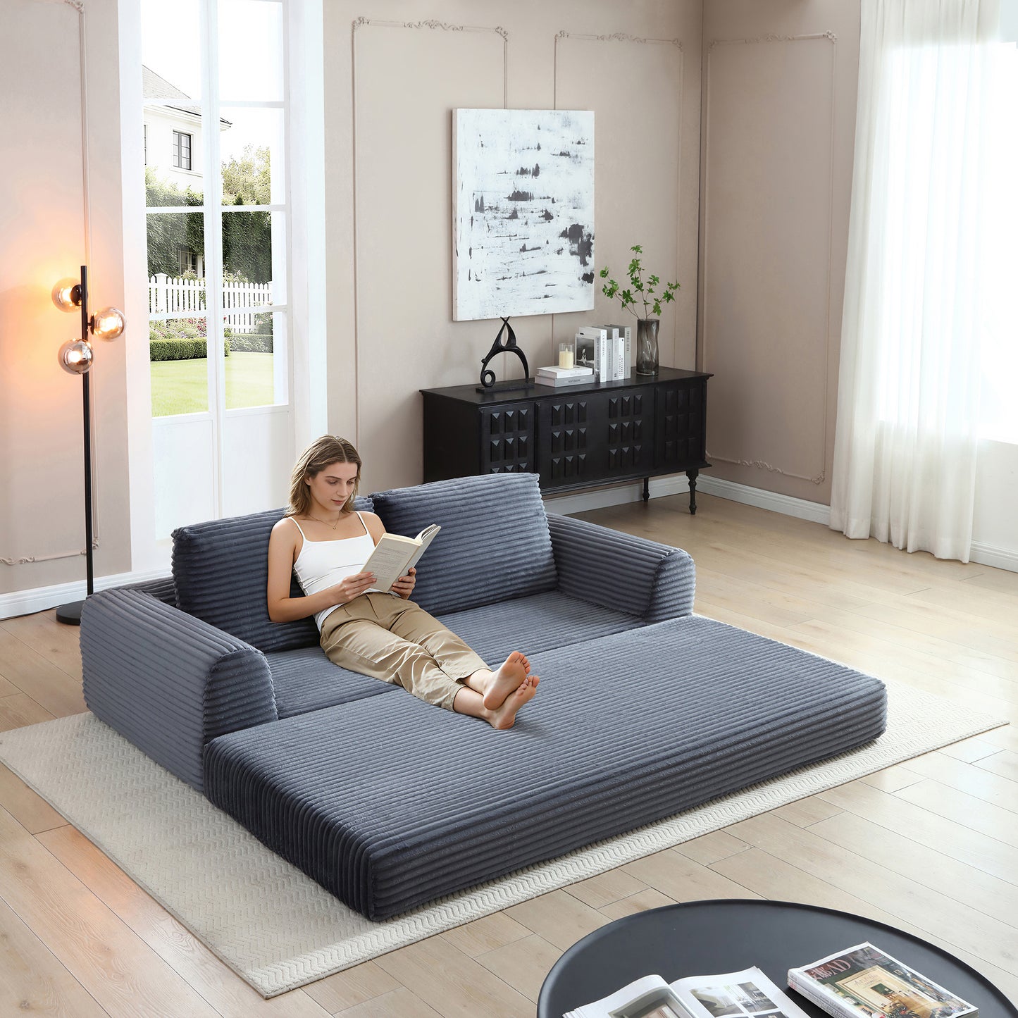 Corduroy Compression Sofa — 2/3/5-Seat — Grey / 5-Seat