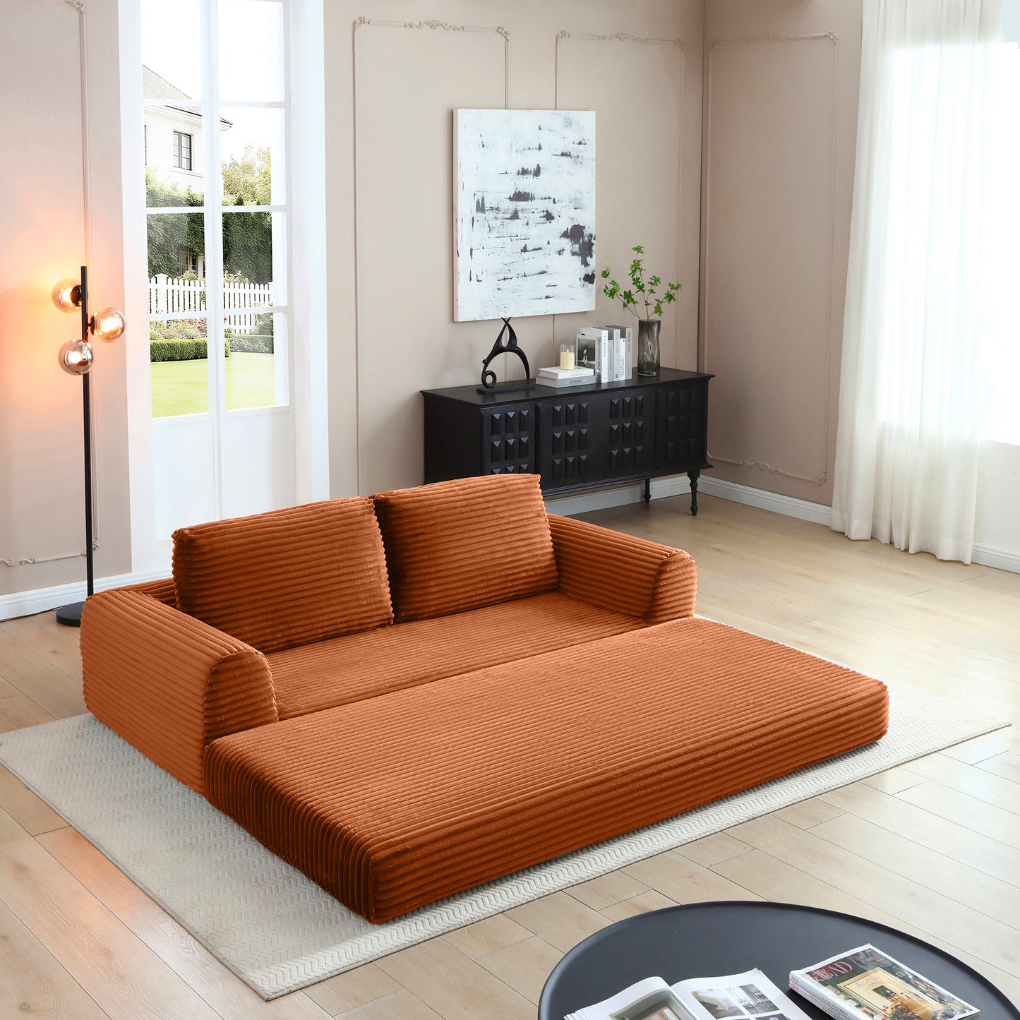 Corduroy Compression Sofa — 2/3/5-Seat — Orange / 3-Seat