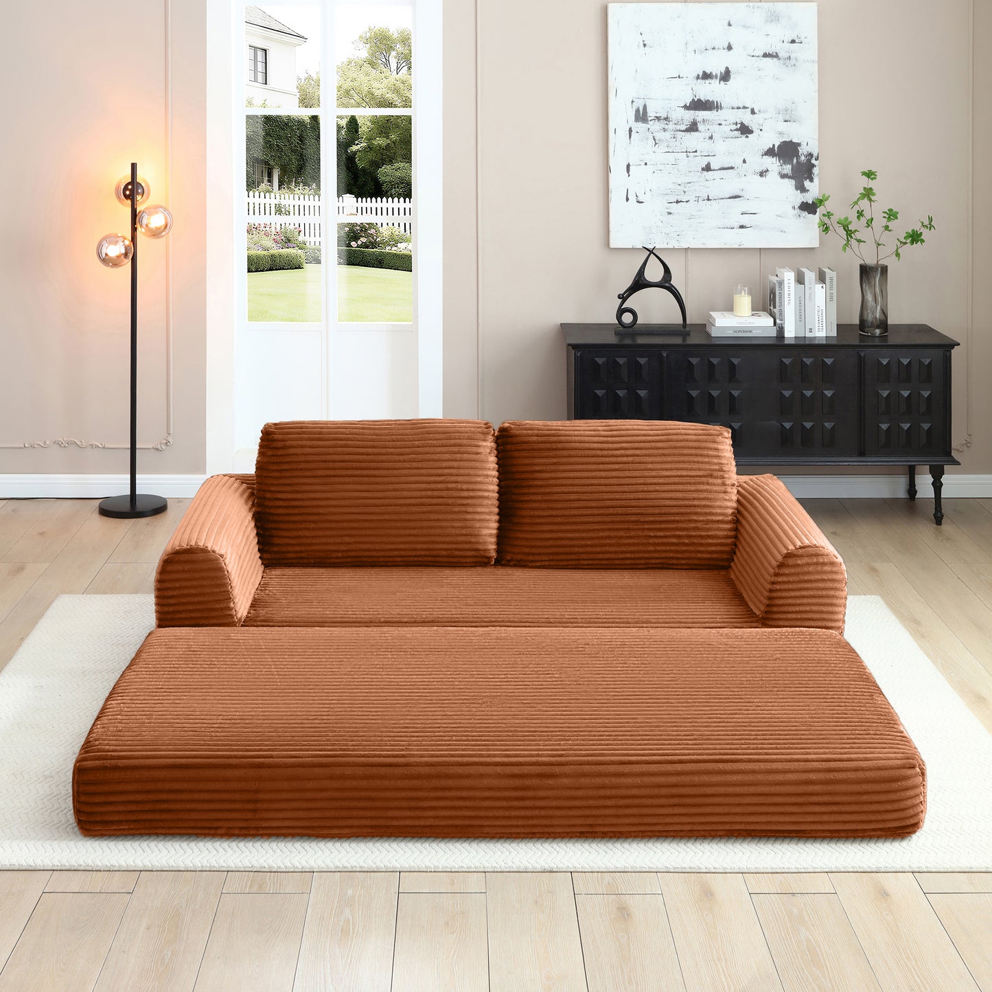 Corduroy Compression Sofa — 2/3/5-Seat — Orange / 3-Seat