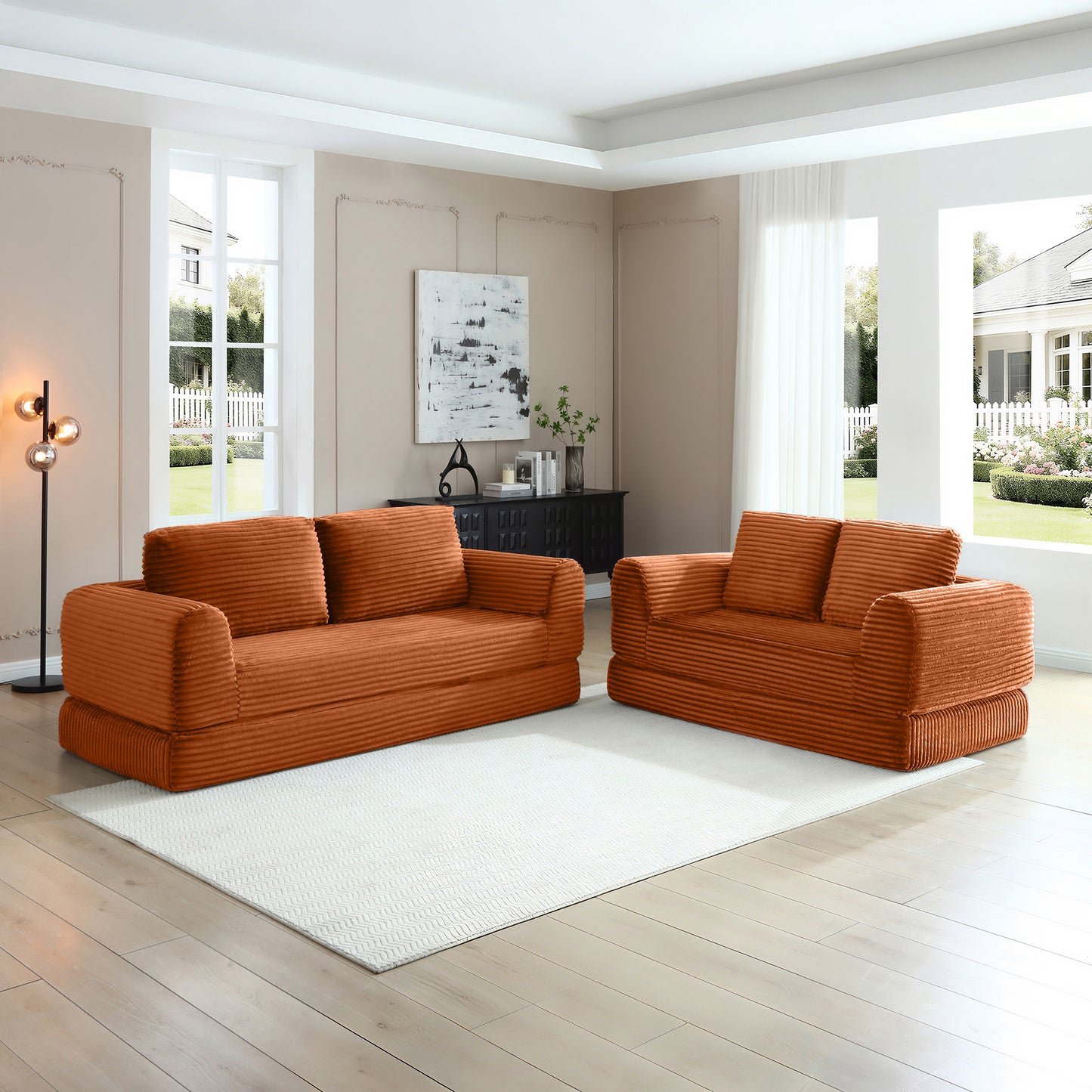 Corduroy Compression Sofa — 2/3/5-Seat — Orange / 5-Seat