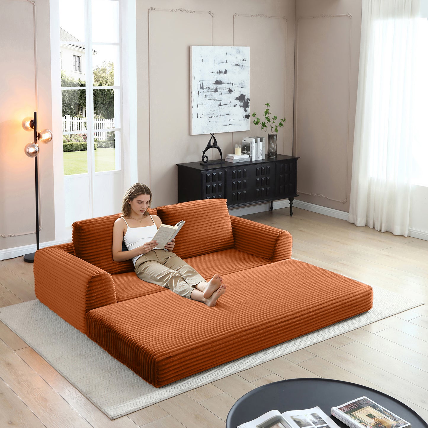 Corduroy Compression Sofa — 2/3/5-Seat — Orange / 5-Seat