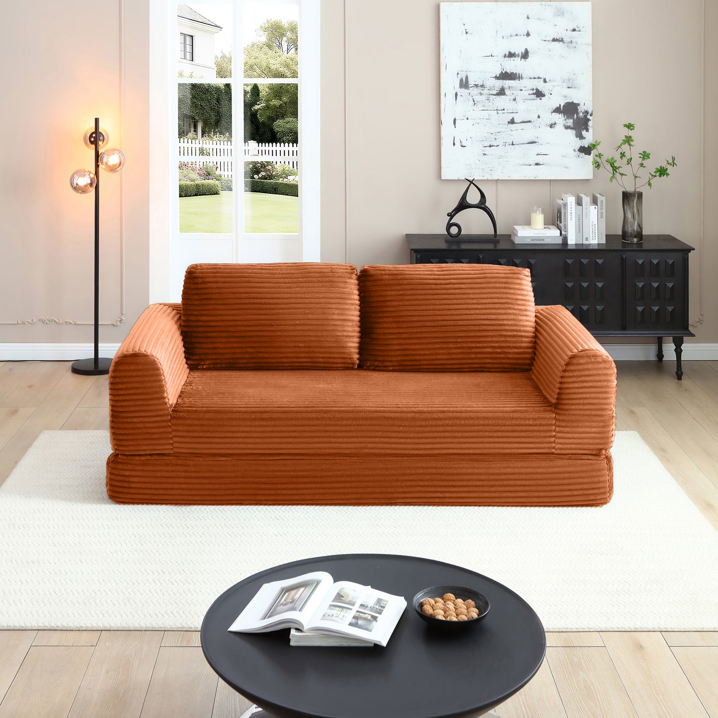 Corduroy Compression Sofa — 2/3/5-Seat — Orange / 5-Seat