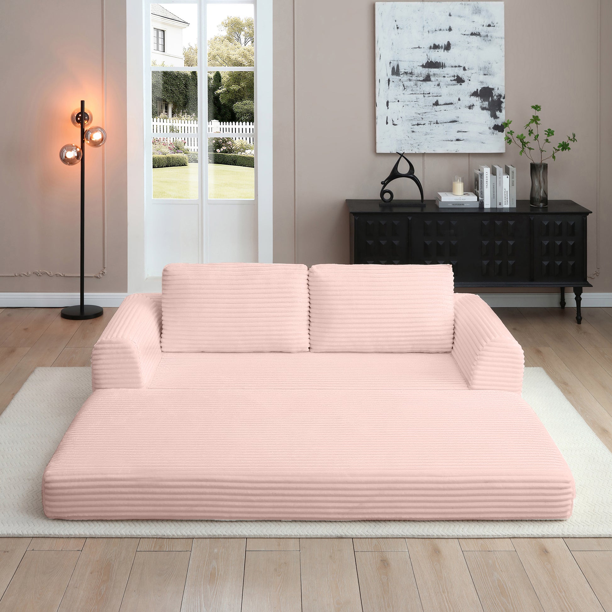 Corduroy Compression Sofa — 2/3/5-Seat — Pink / 3-Seat