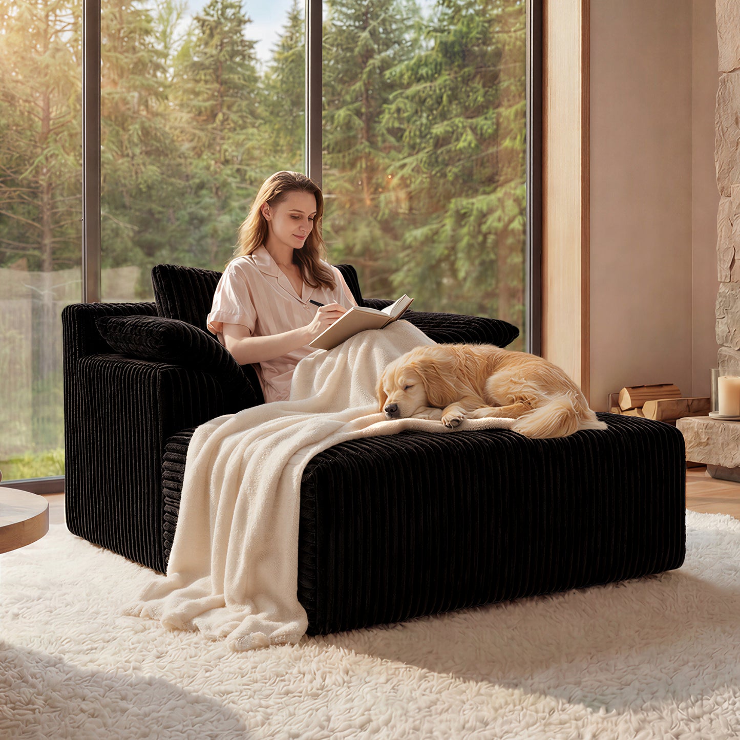 Corduroy Compression Accent Chair — 1-Seat, 60"W — Black