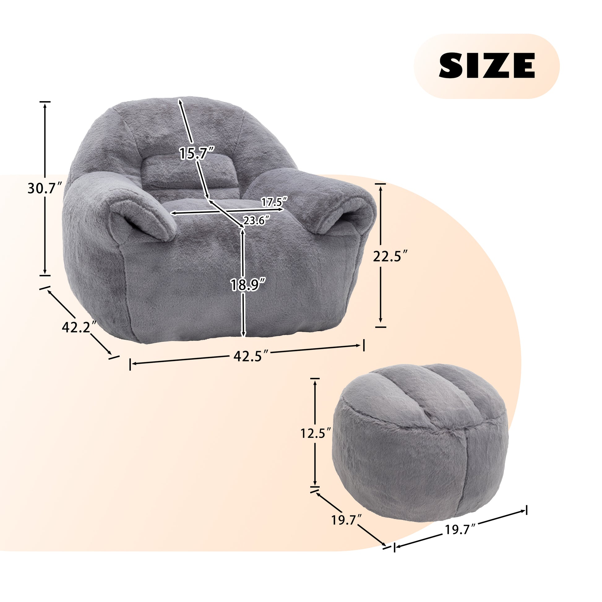 Faux Fur Compression Accent Chair — 1-Seat, 42"W — Dark Gray / 1-Seat + 1 Ottoman