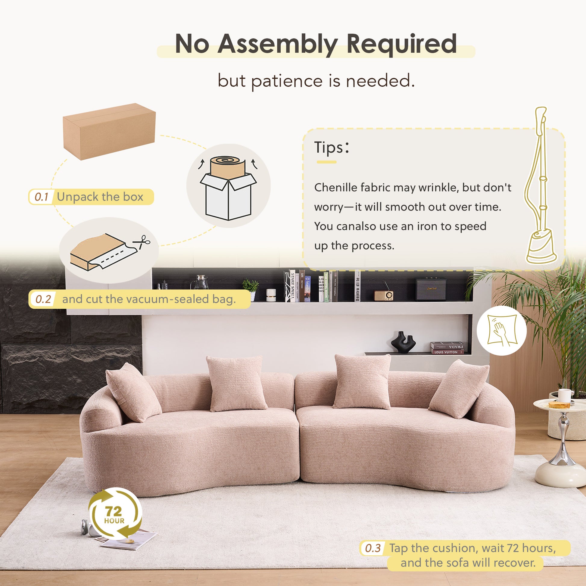 Chenille Spring-Core Compression Sofa — 4-Seat, 110"W — Beige