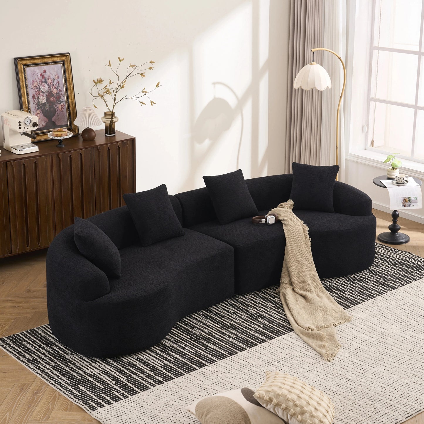 Chenille Spring-Core Compression Sofa — 4-Seat, 110"W — Black