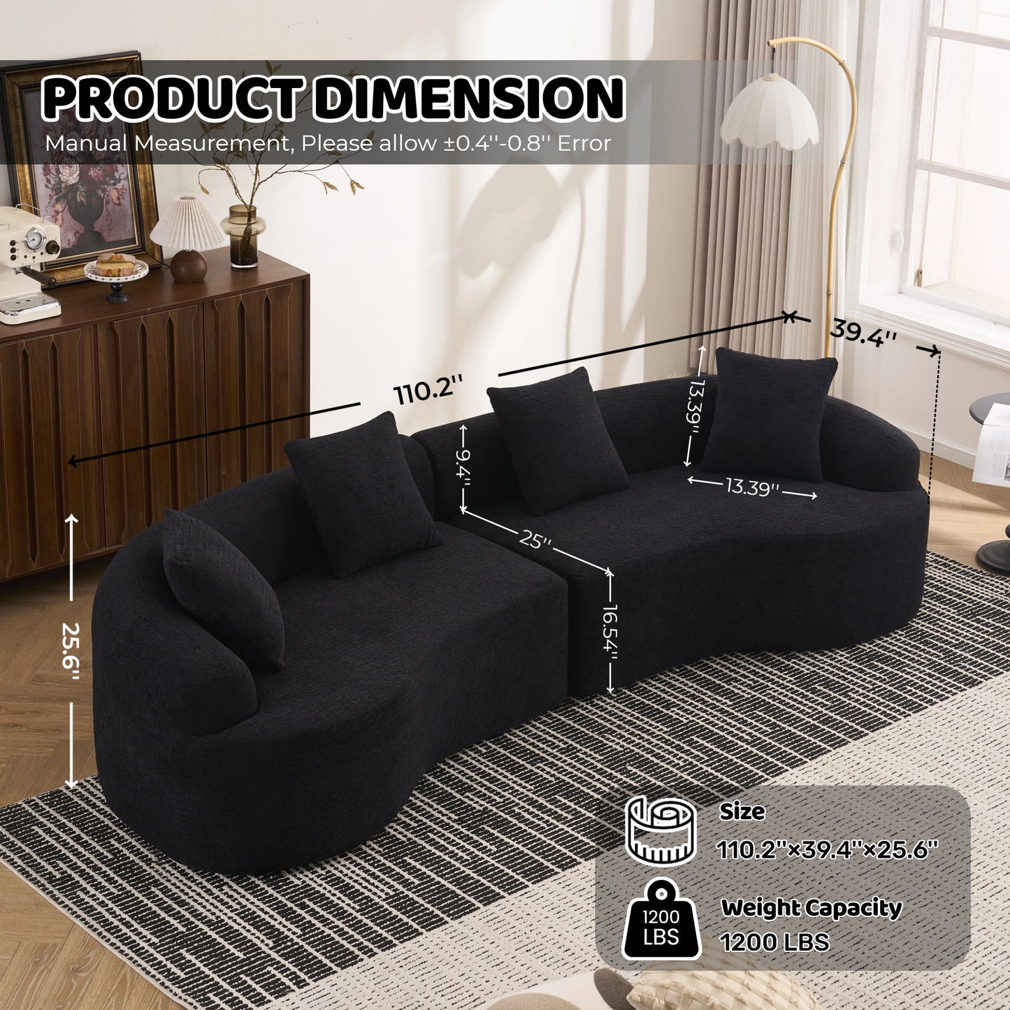 Chenille Spring-Core Compression Sofa — 4-Seat, 110"W — Black