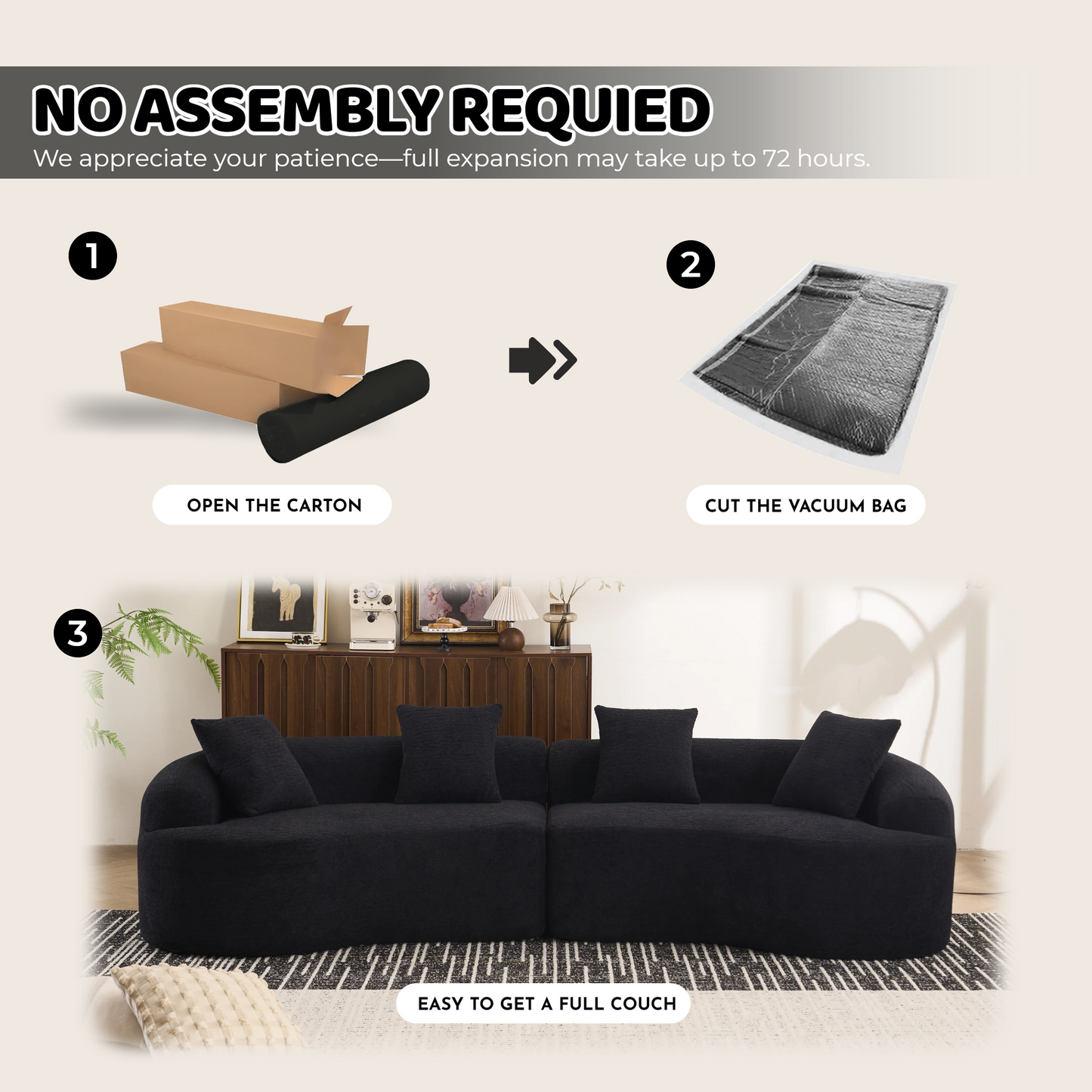 Chenille Spring-Core Compression Sofa — 4-Seat, 110"W — Black