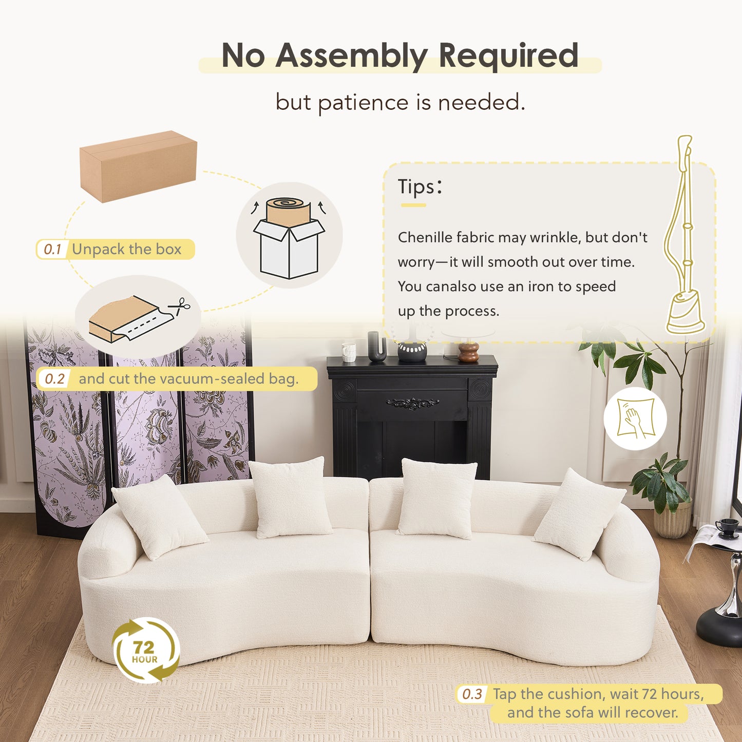 Chenille Spring-Core Compression Sofa — 4-Seat, 110"W — White