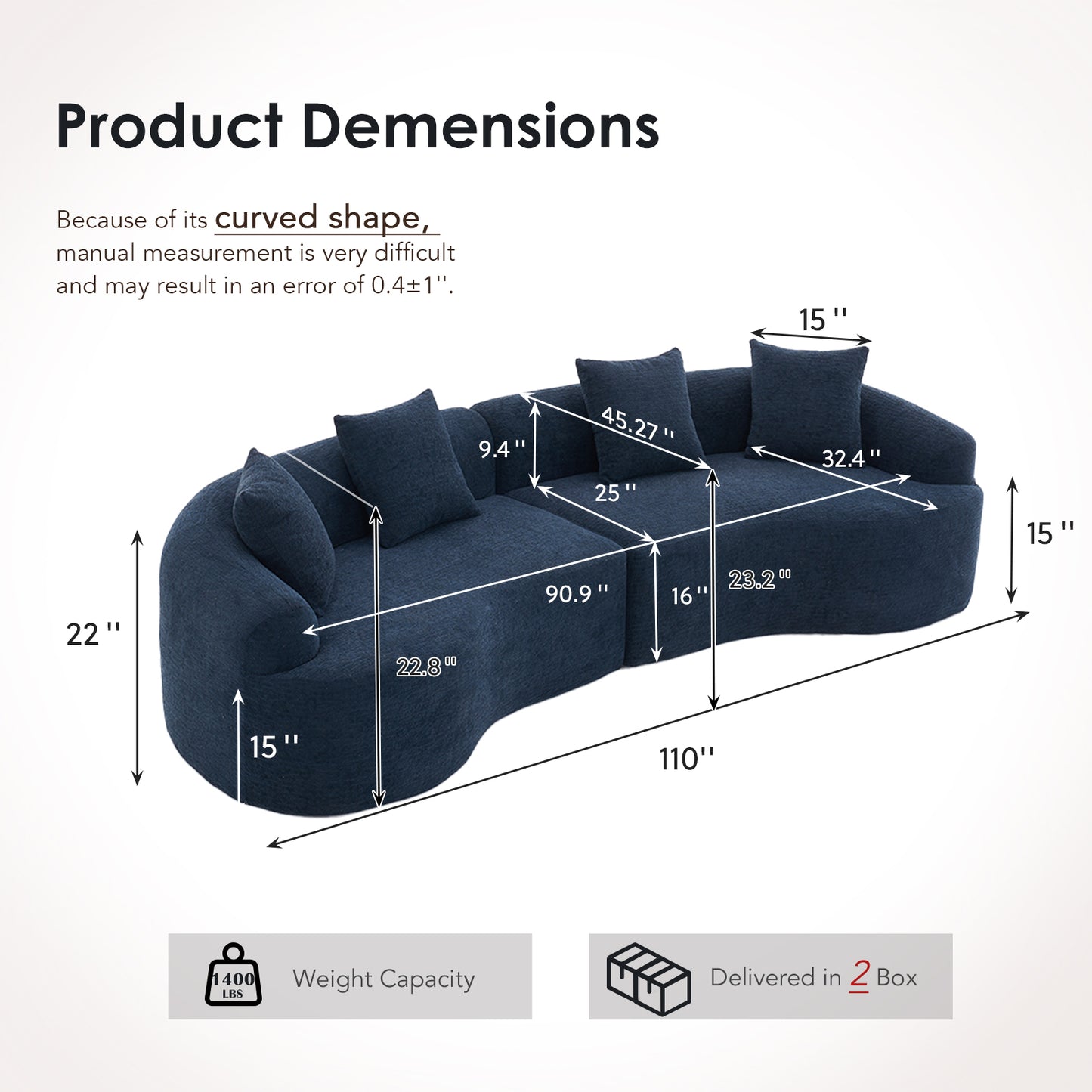 Chenille Spring-Core Compression Sofa — 4-Seat, 110"W — Antique Blue