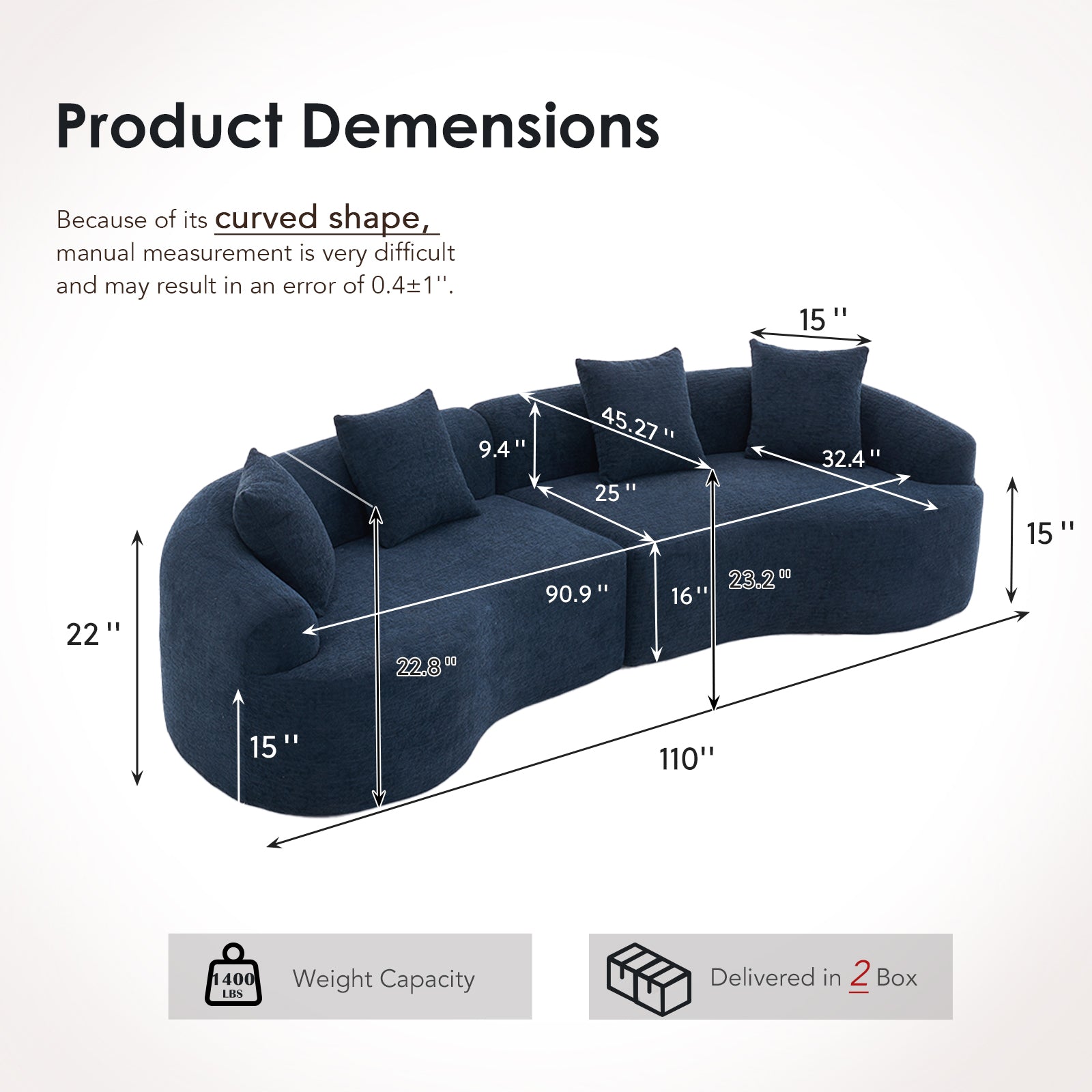 Chenille Spring-Core Compression Sofa — 4-Seat, 110"W — Antique Blue