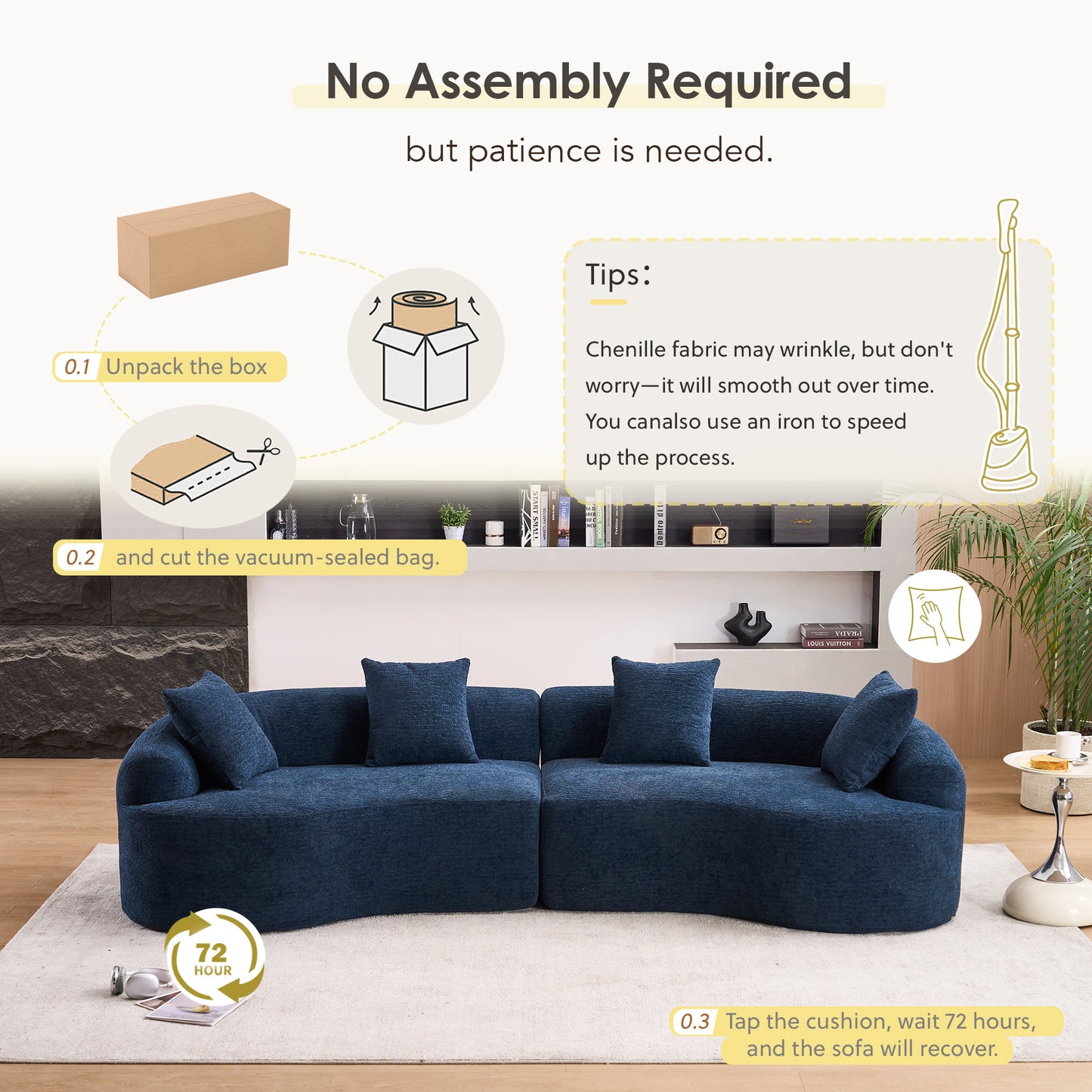 Chenille Spring-Core Compression Sofa — 4-Seat, 110"W — Antique Blue