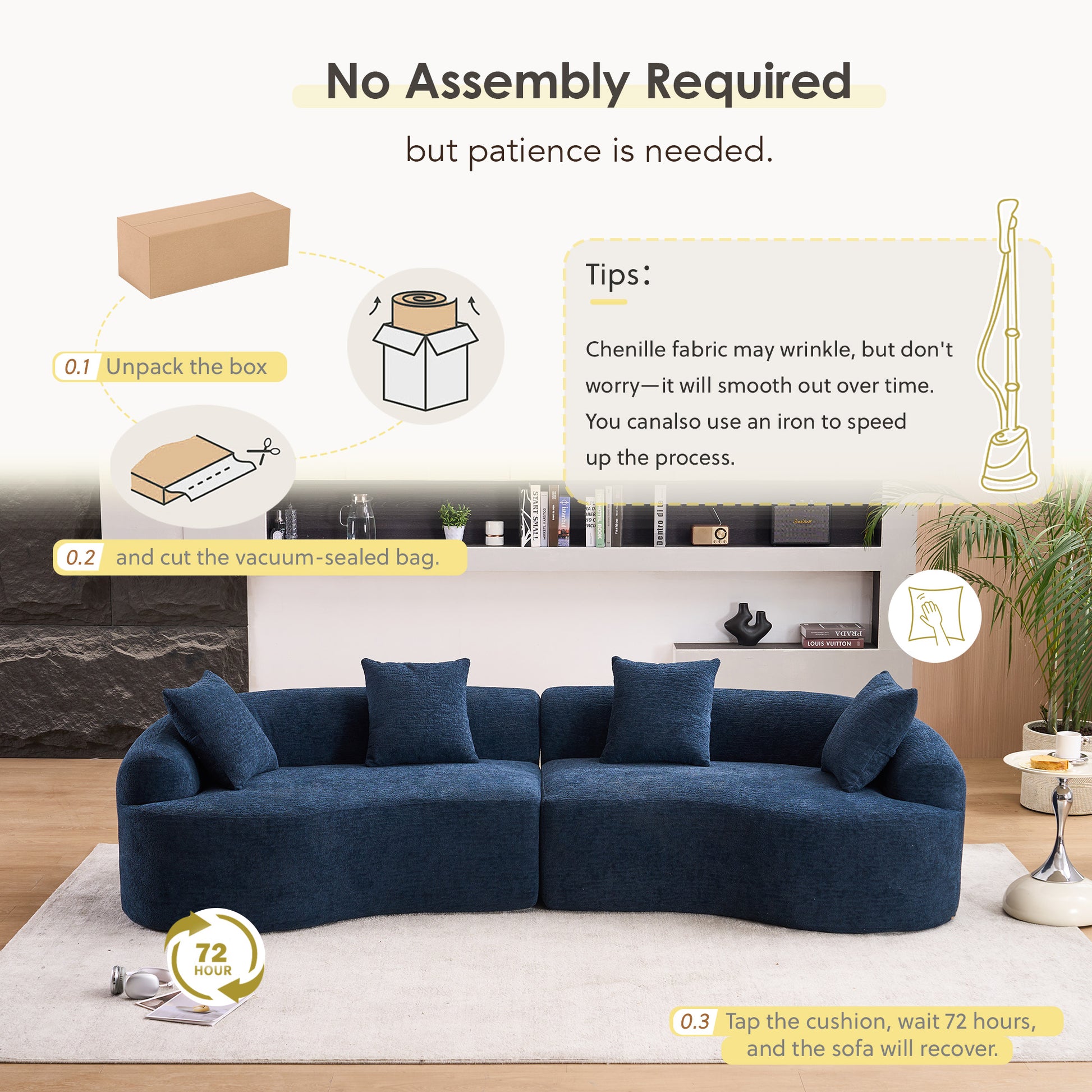 Chenille Spring-Core Compression Sofa — 4-Seat, 110"W — Antique Blue